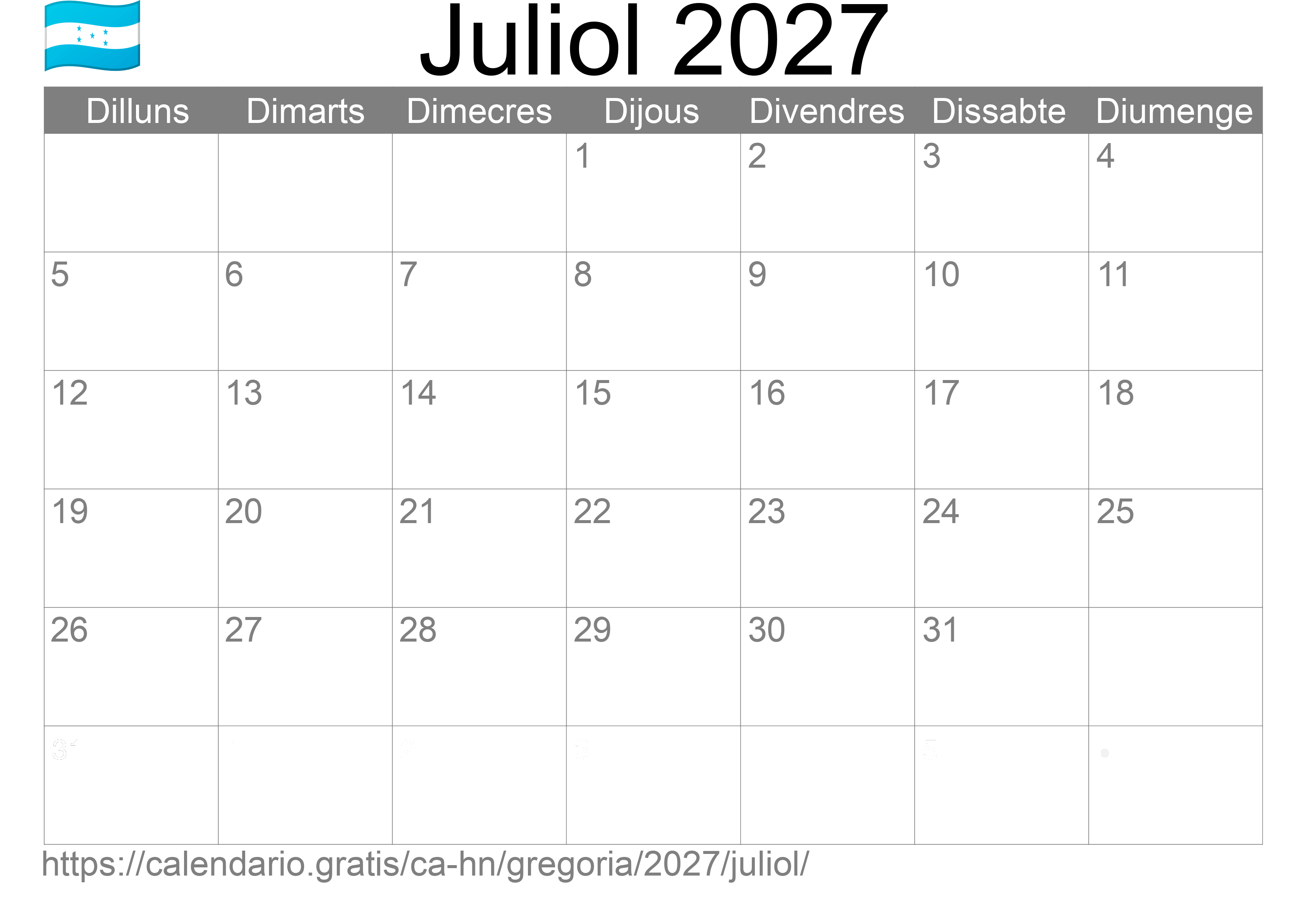 Calendari Juliol 2027 per imprimir