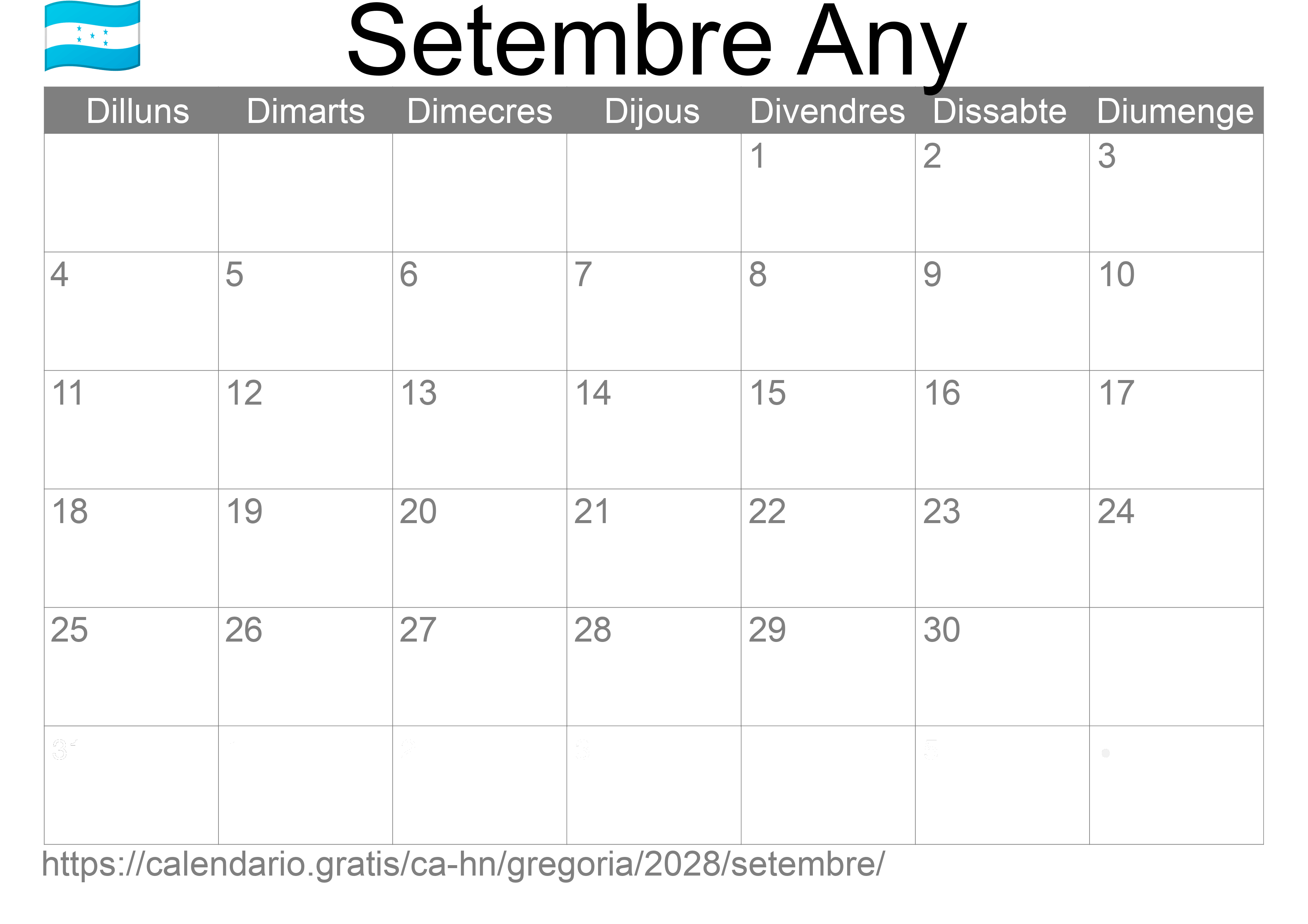 Calendari Setembre 2028 per imprimir