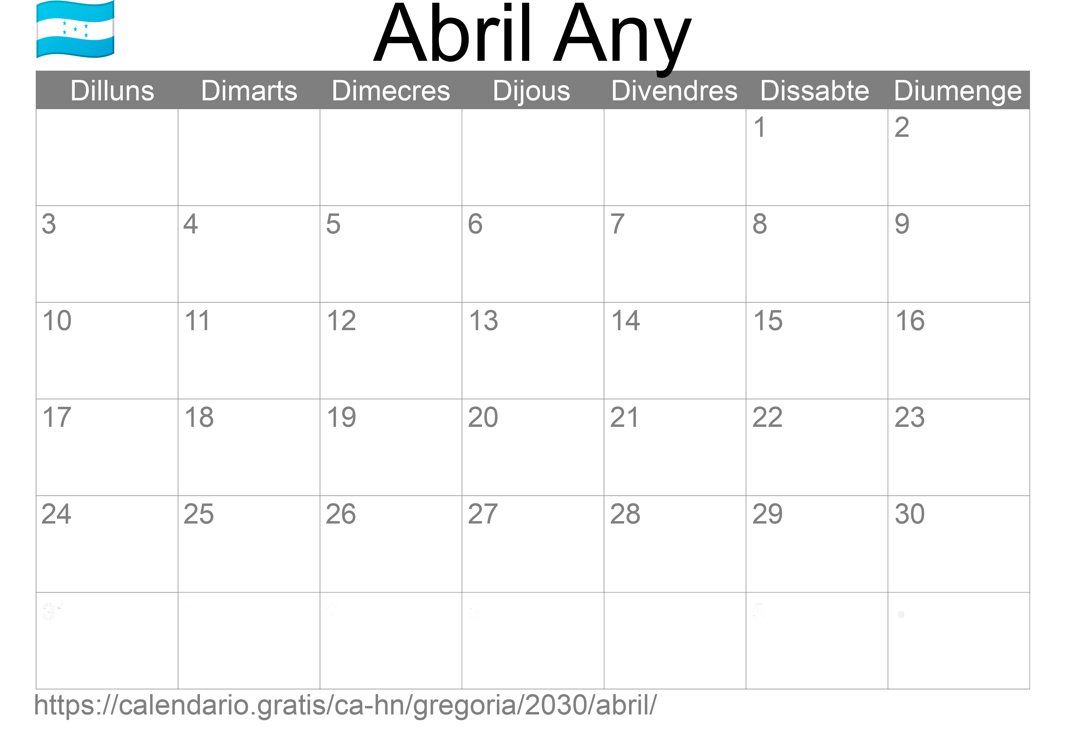 Calendari Abril 2030 per imprimir