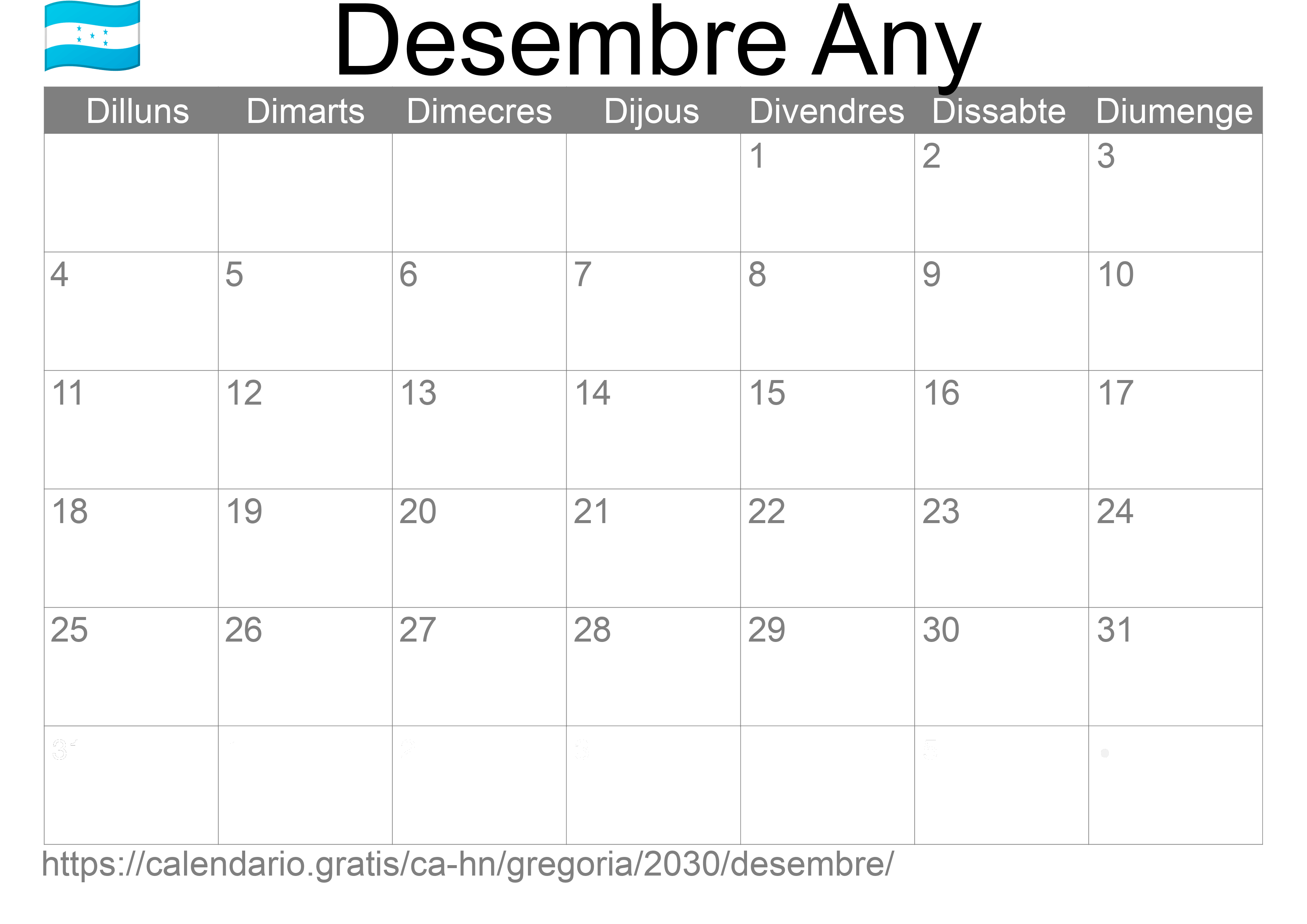 Calendari Desembre 2030 per imprimir