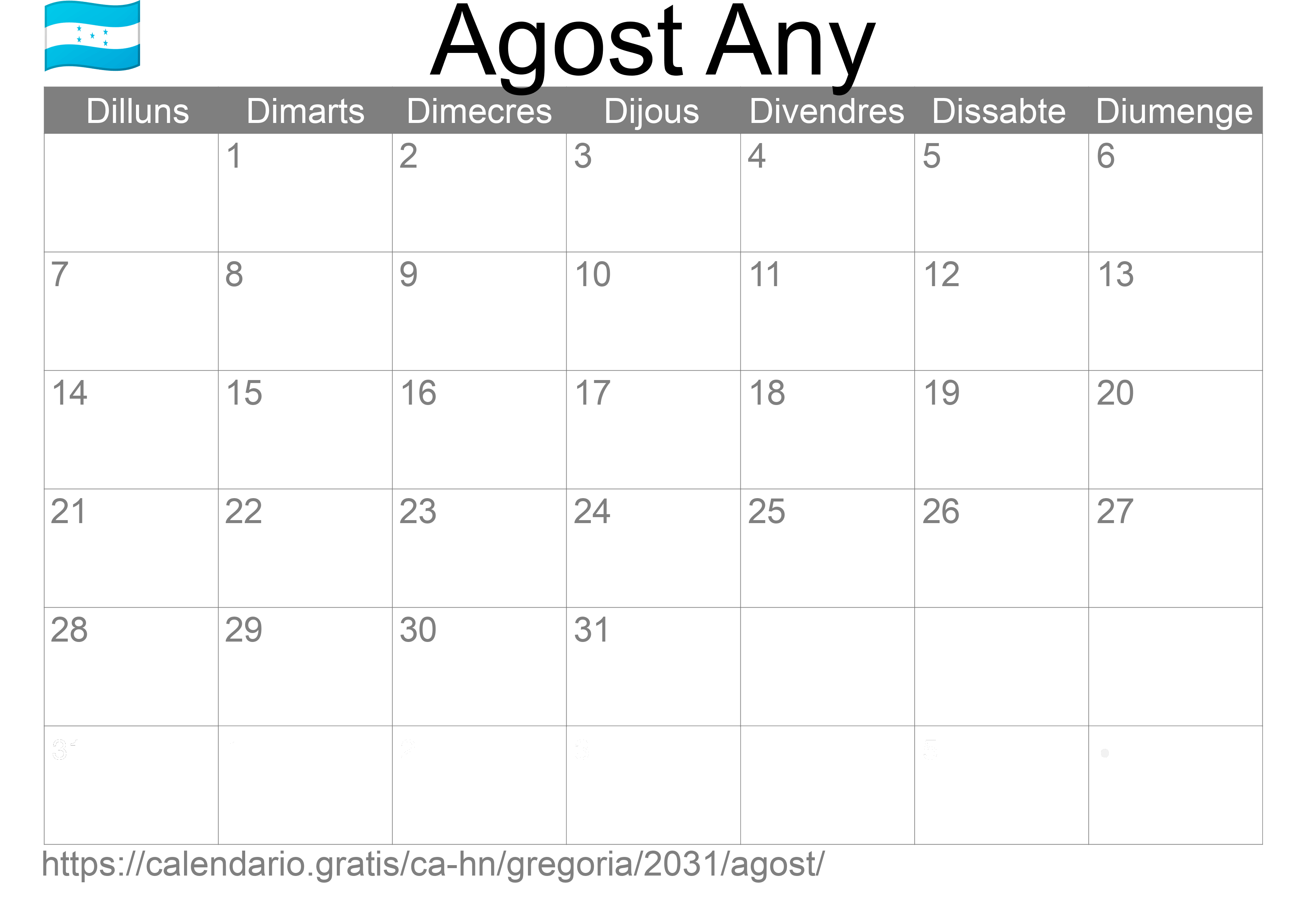 Calendari Agost 2031 per imprimir