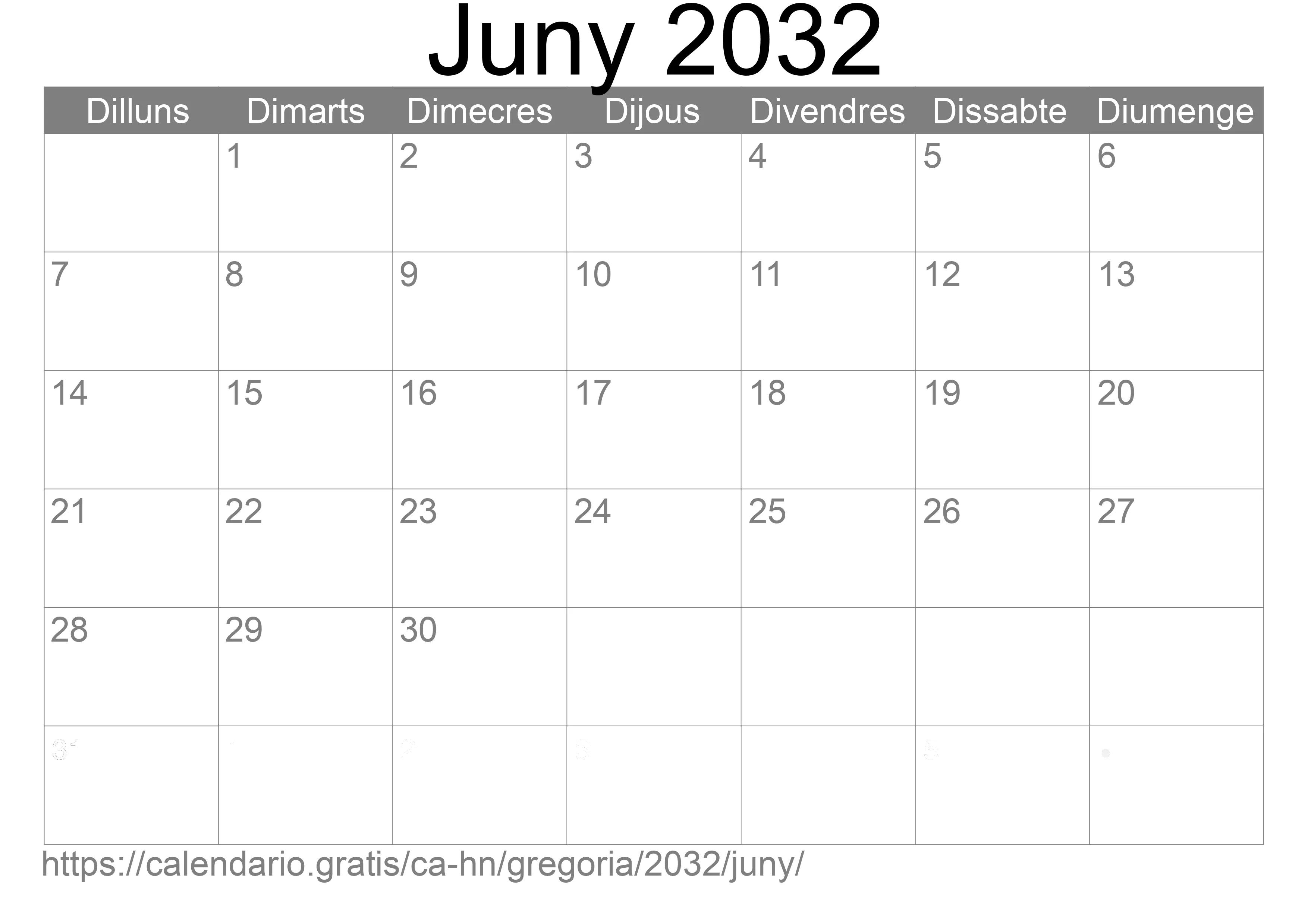 Calendari Juny 2032 per imprimir (Hondures)