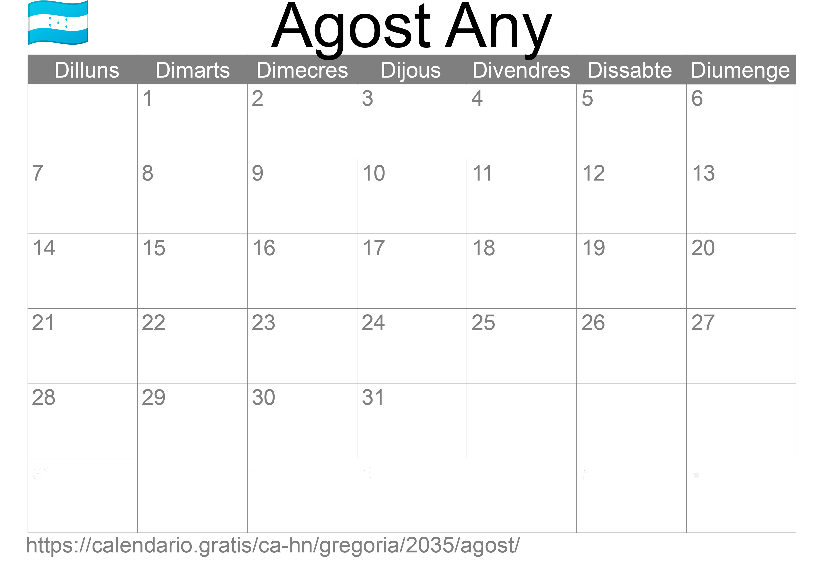 Calendari Agost 2035 per imprimir