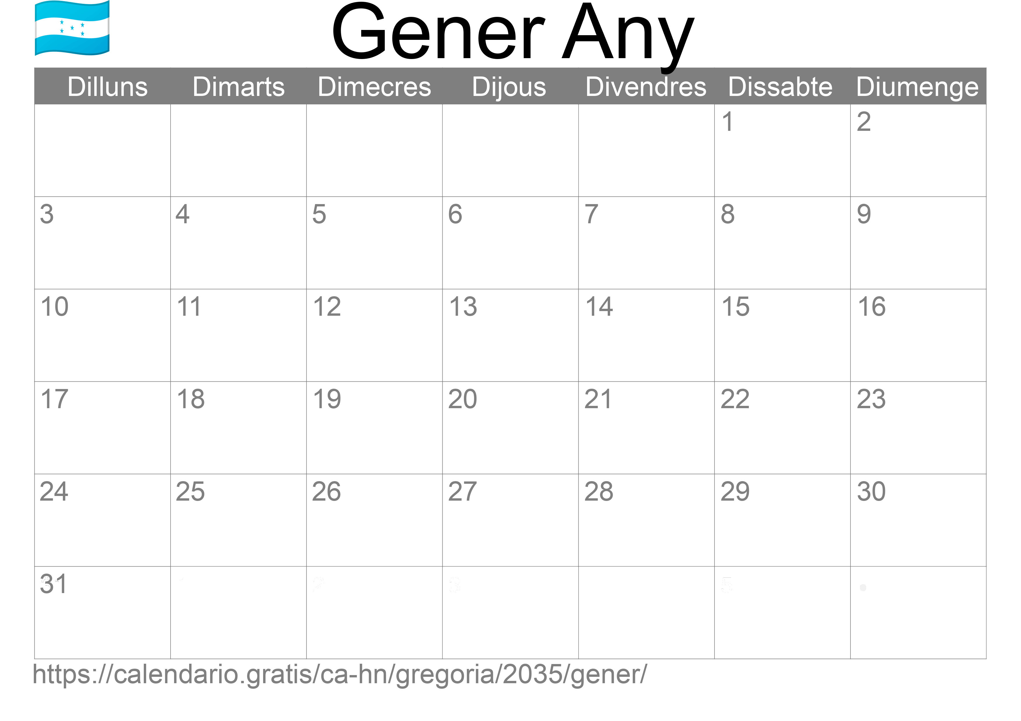 Calendari Gener 2035 per imprimir