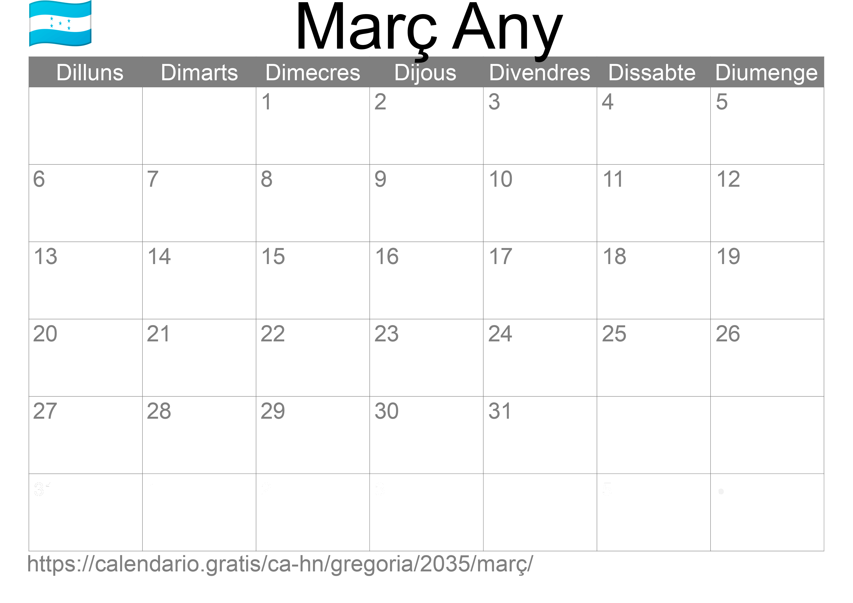 Calendari Març 2035 per imprimir