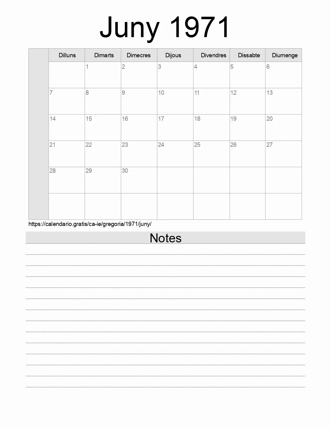 Calendari de Juny 1971 per imprimir amb notes. (Irlanda)