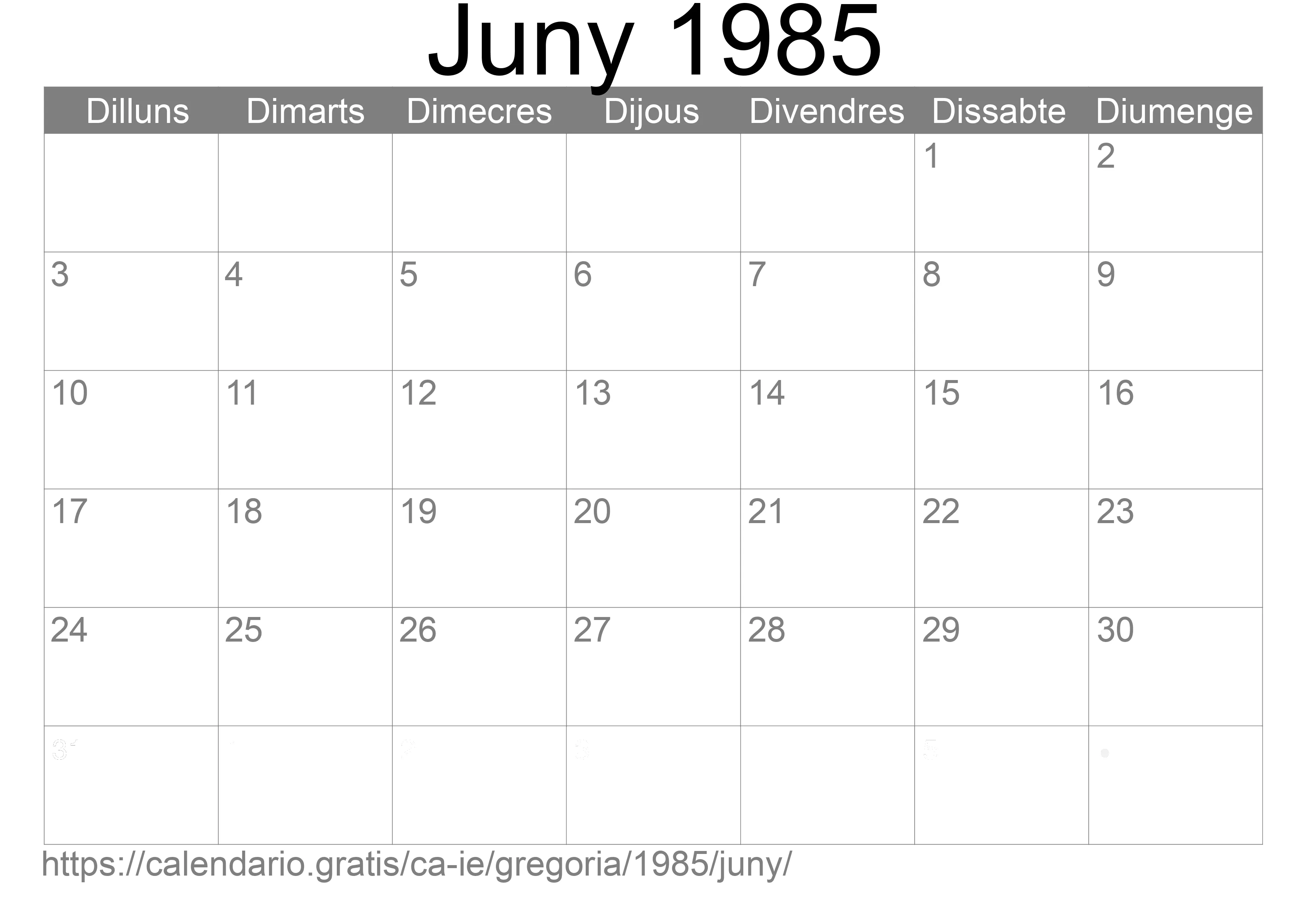 Calendari Juny 1985 per imprimir (Irlanda)