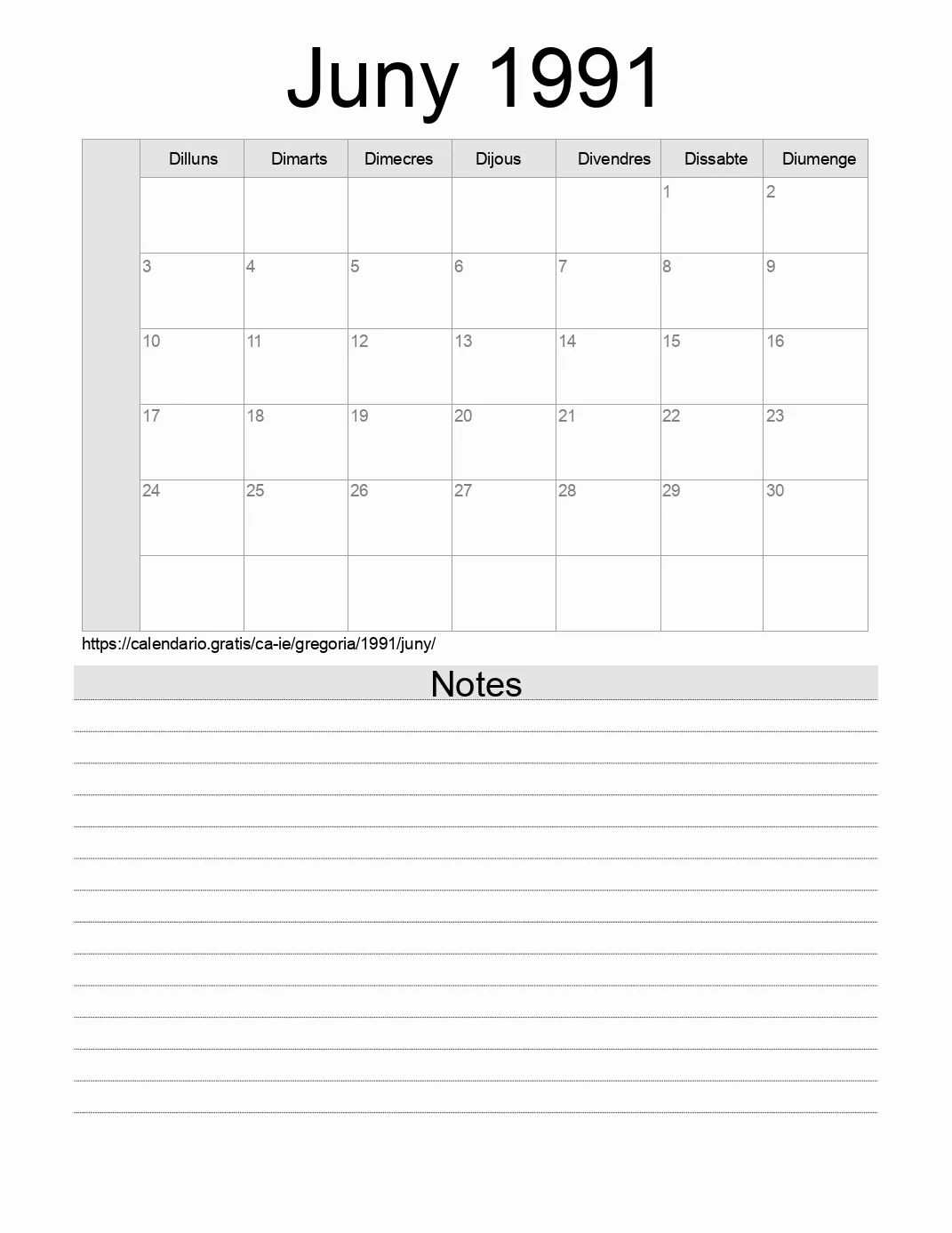 Calendari de Juny 1991 per imprimir amb notes. (Irlanda)