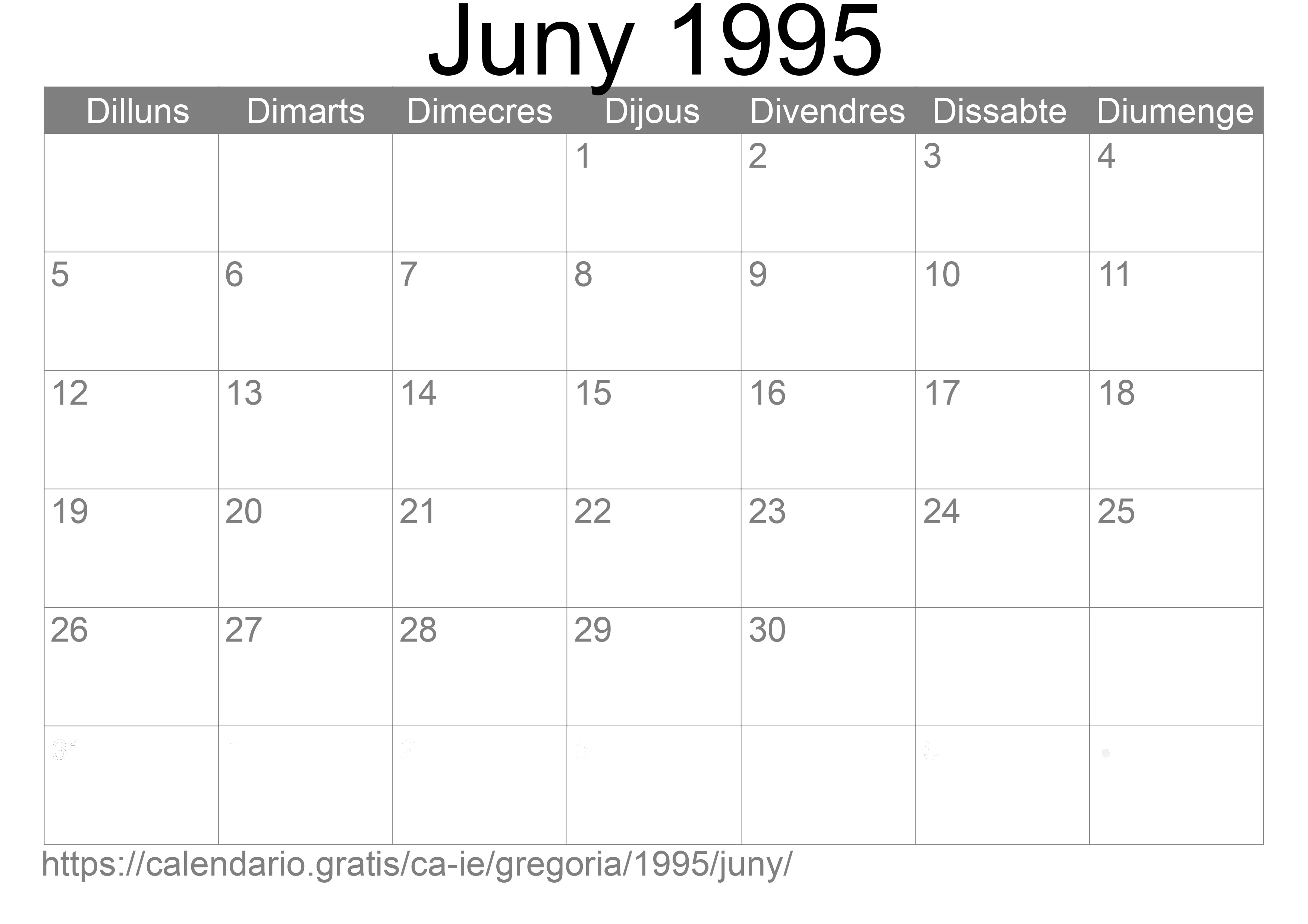 Calendari Juny 1995 per imprimir (Irlanda)