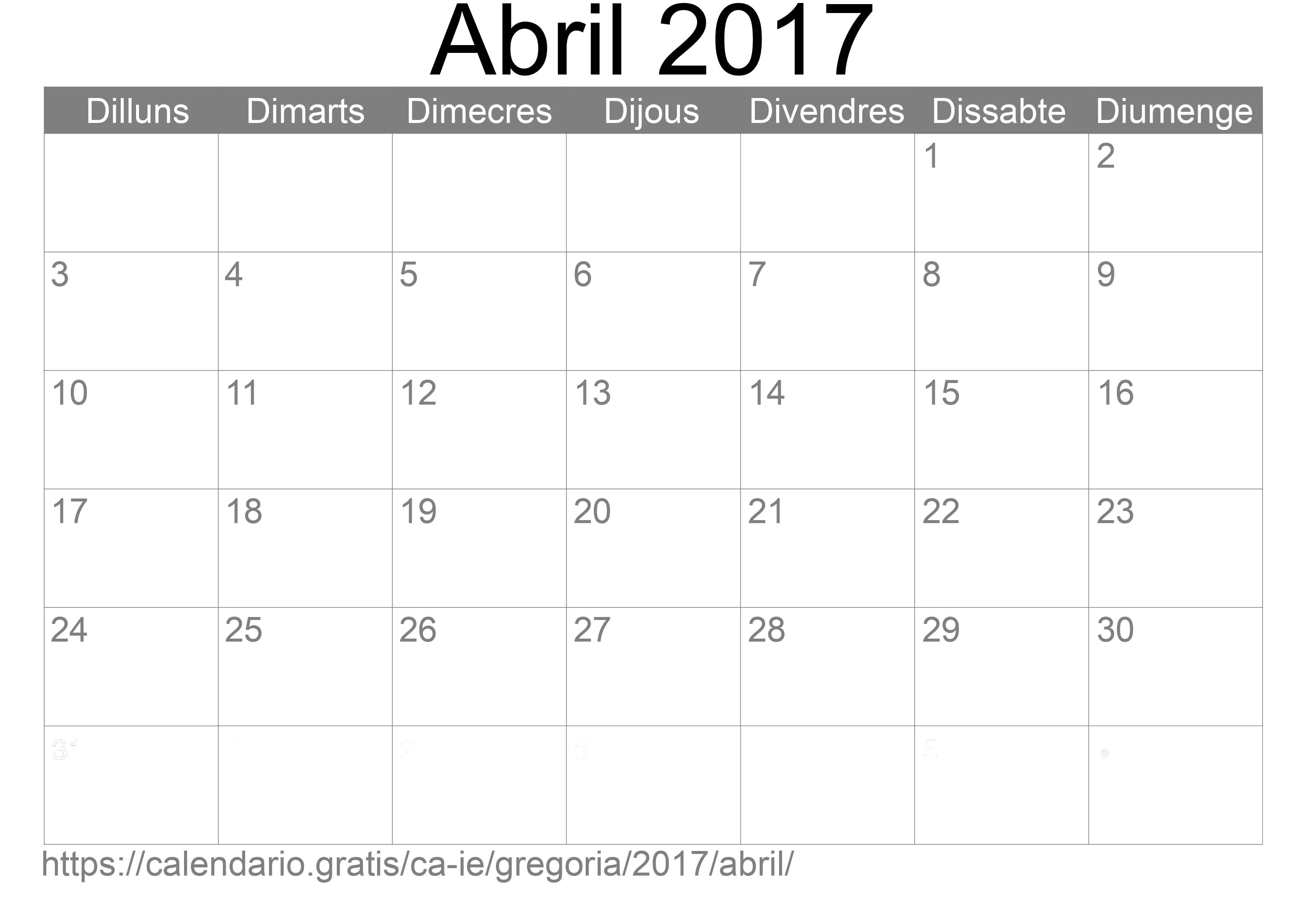 Calendari Abril 2017 per imprimir (Irlanda)