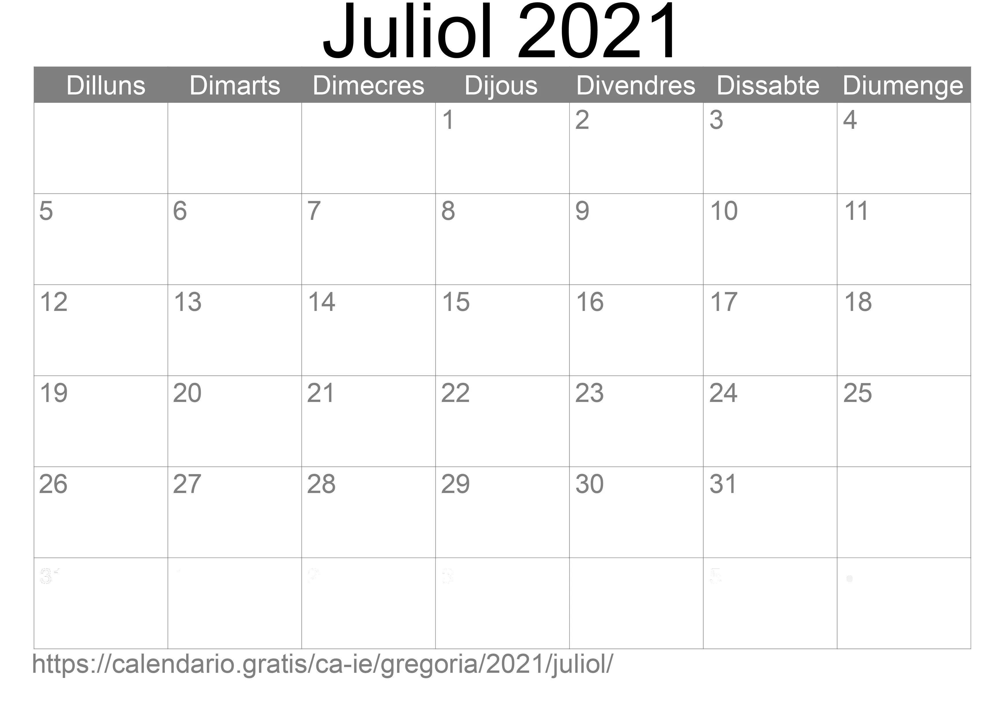 Calendari Juliol 2021 per imprimir (Irlanda)