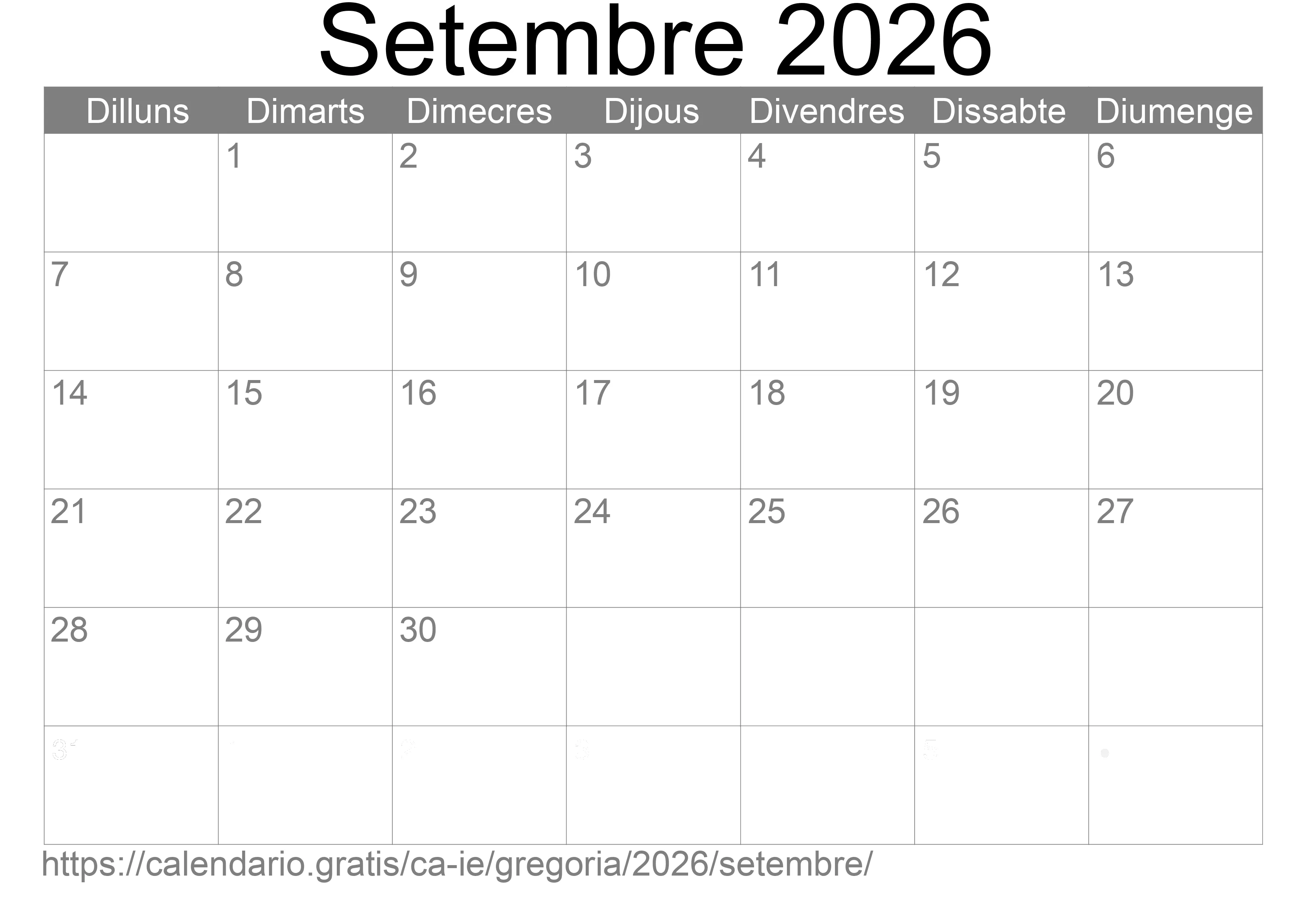 Calendari Setembre 2026 per imprimir (Irlanda)