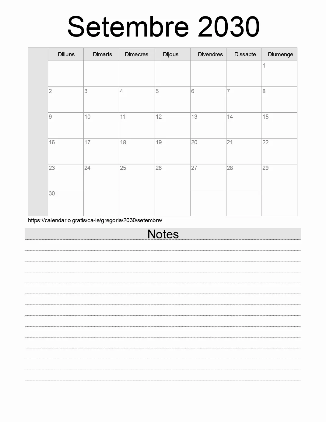 Calendari de Setembre 2030 per imprimir amb notes. (Irlanda)