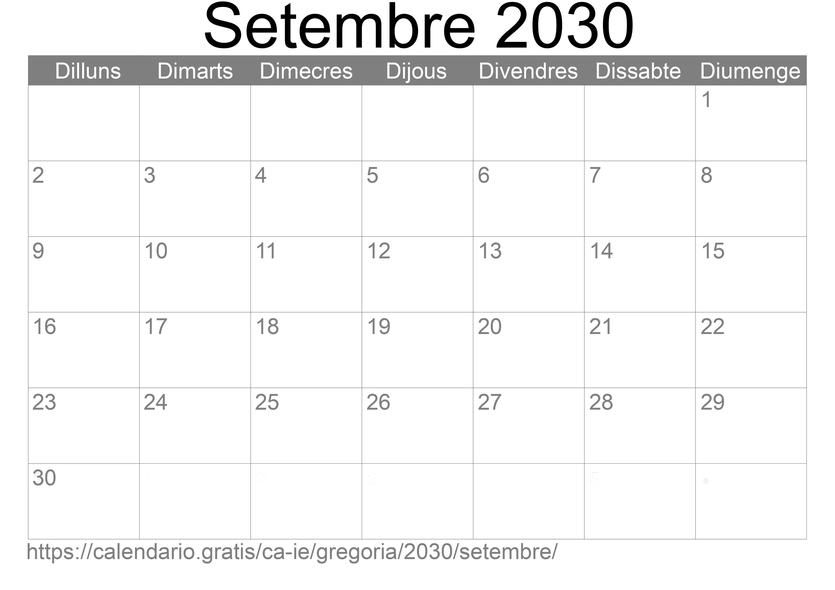 Calendari Setembre 2030 per imprimir (Irlanda)