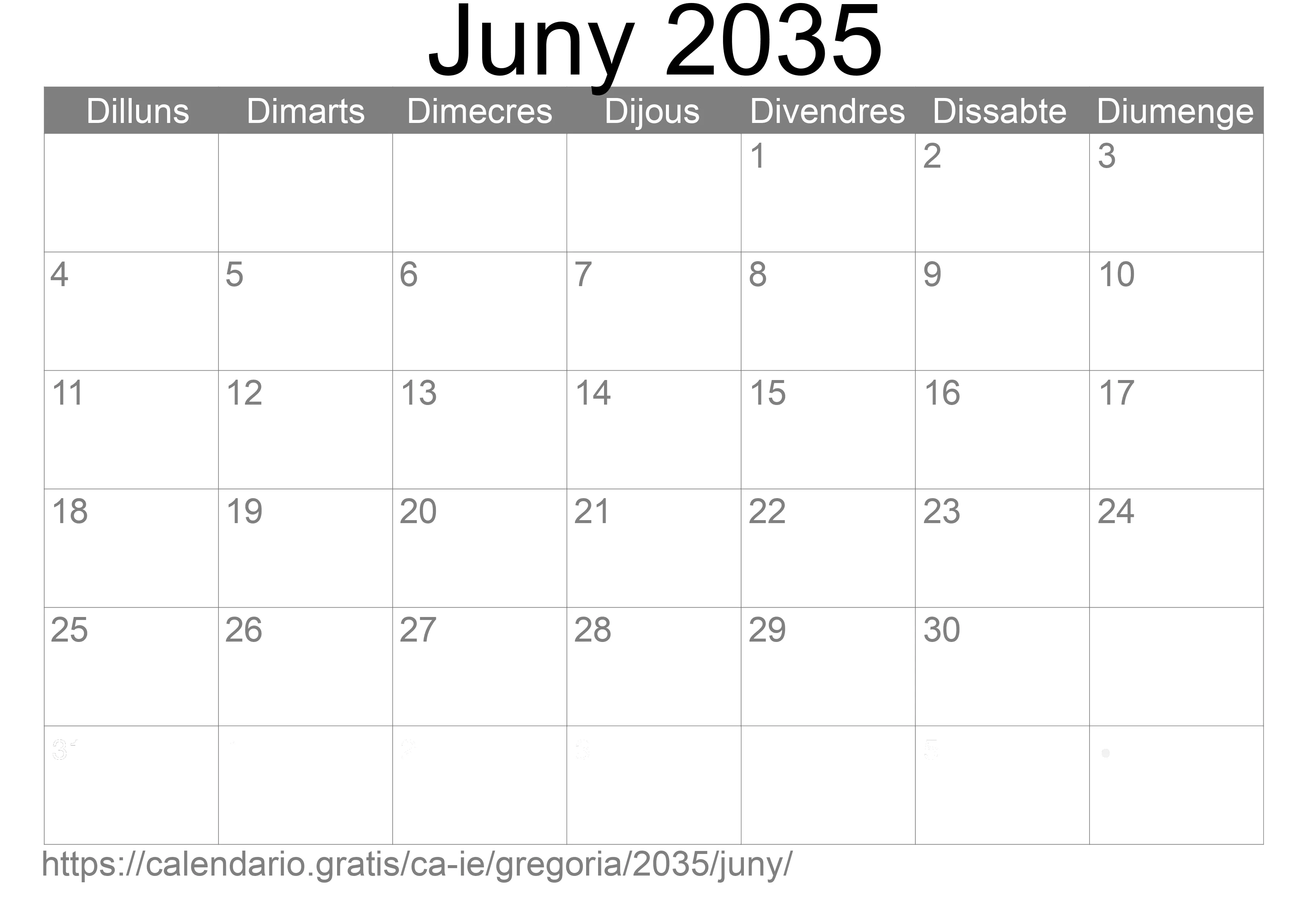 Calendari Juny 2035 per imprimir (Irlanda)