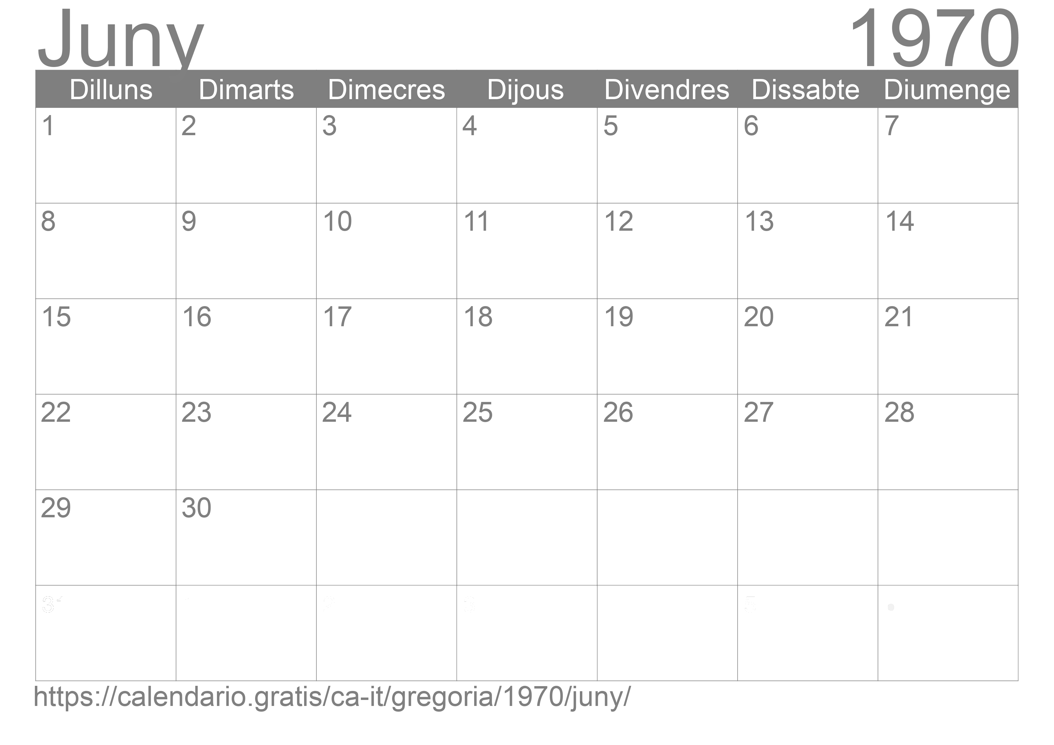 Calendari Juny 1970 per imprimir