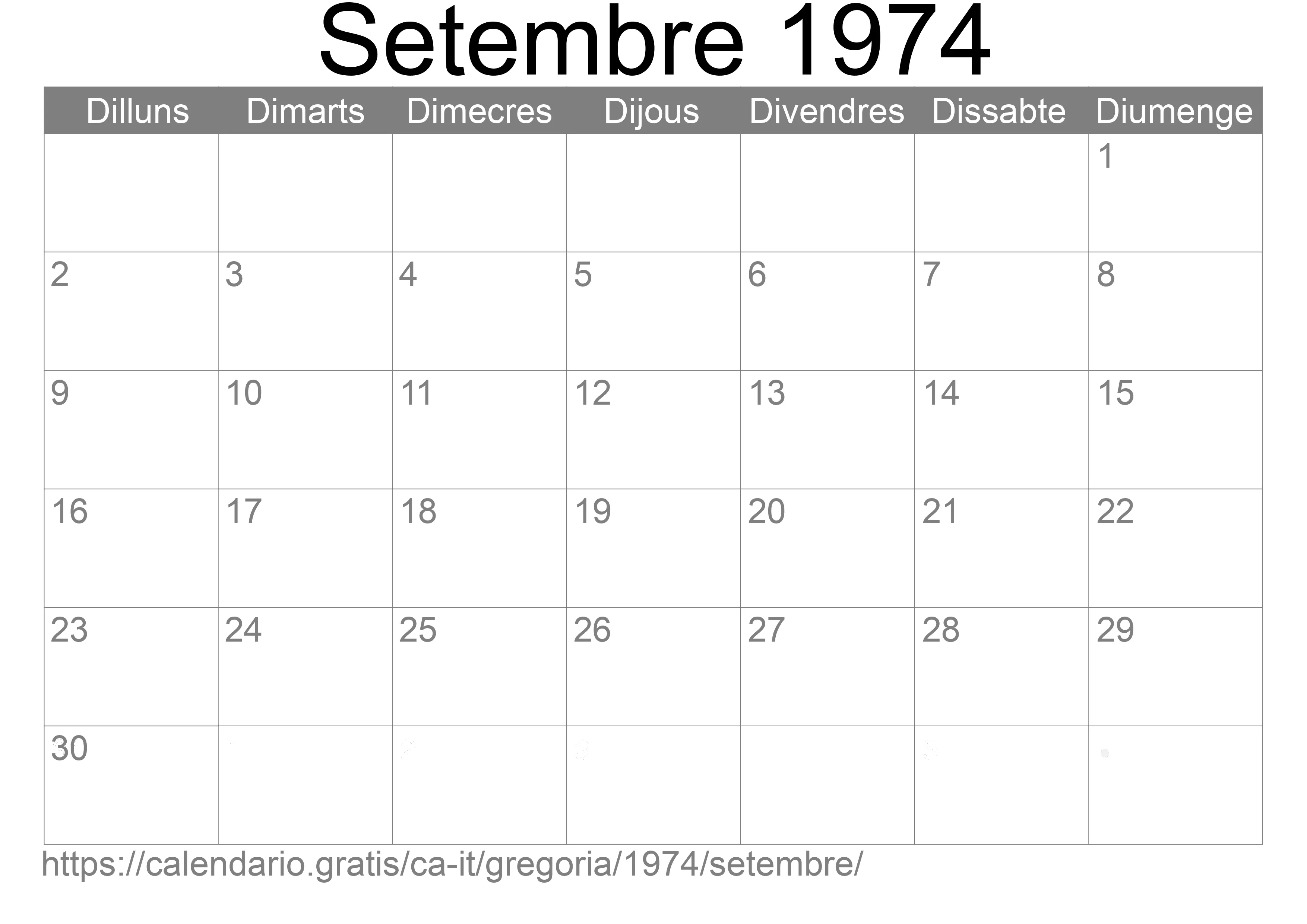 Calendari Setembre 1974 per imprimir (Itàlia)