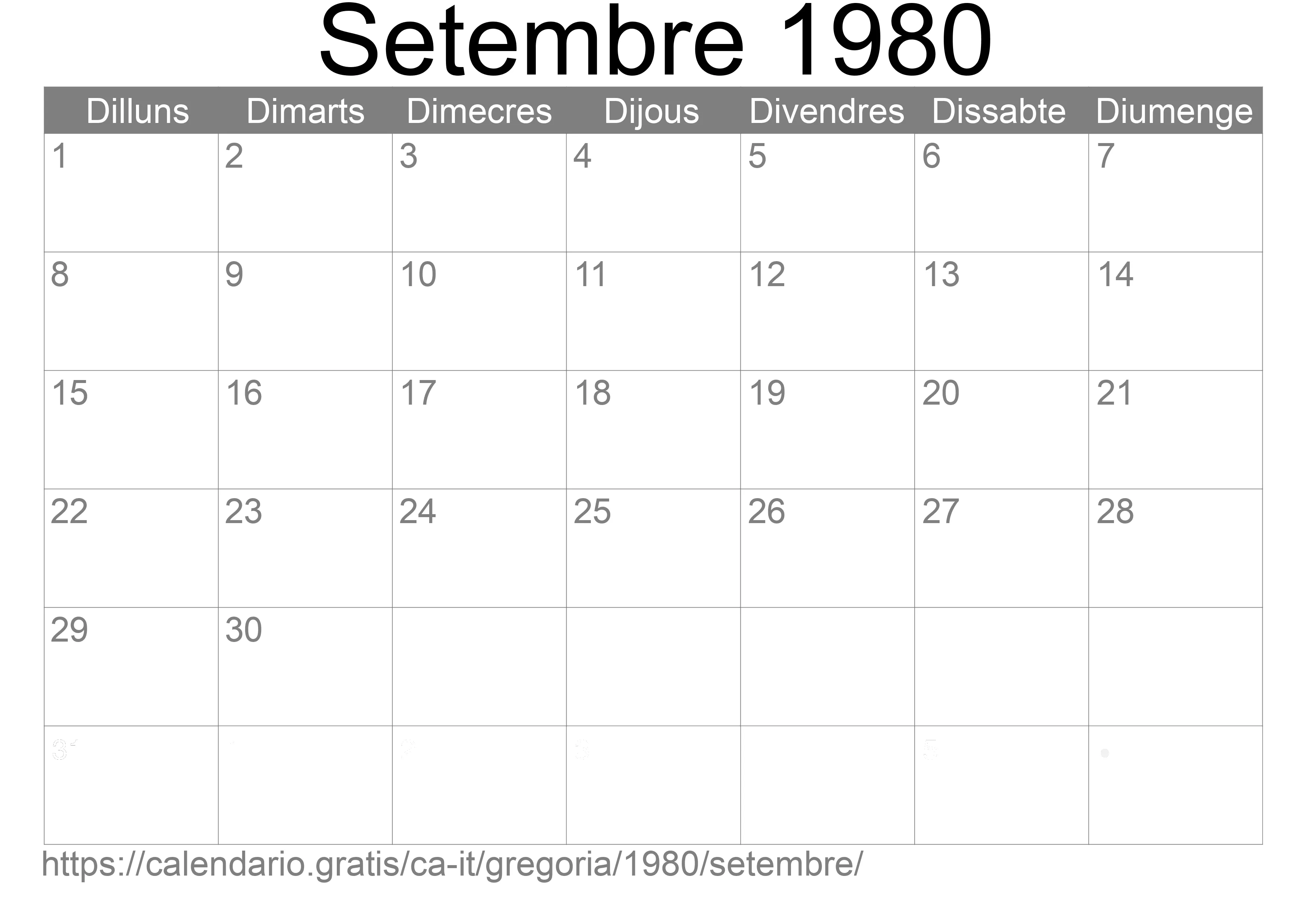 Calendari Setembre 1980 per imprimir (Itàlia)