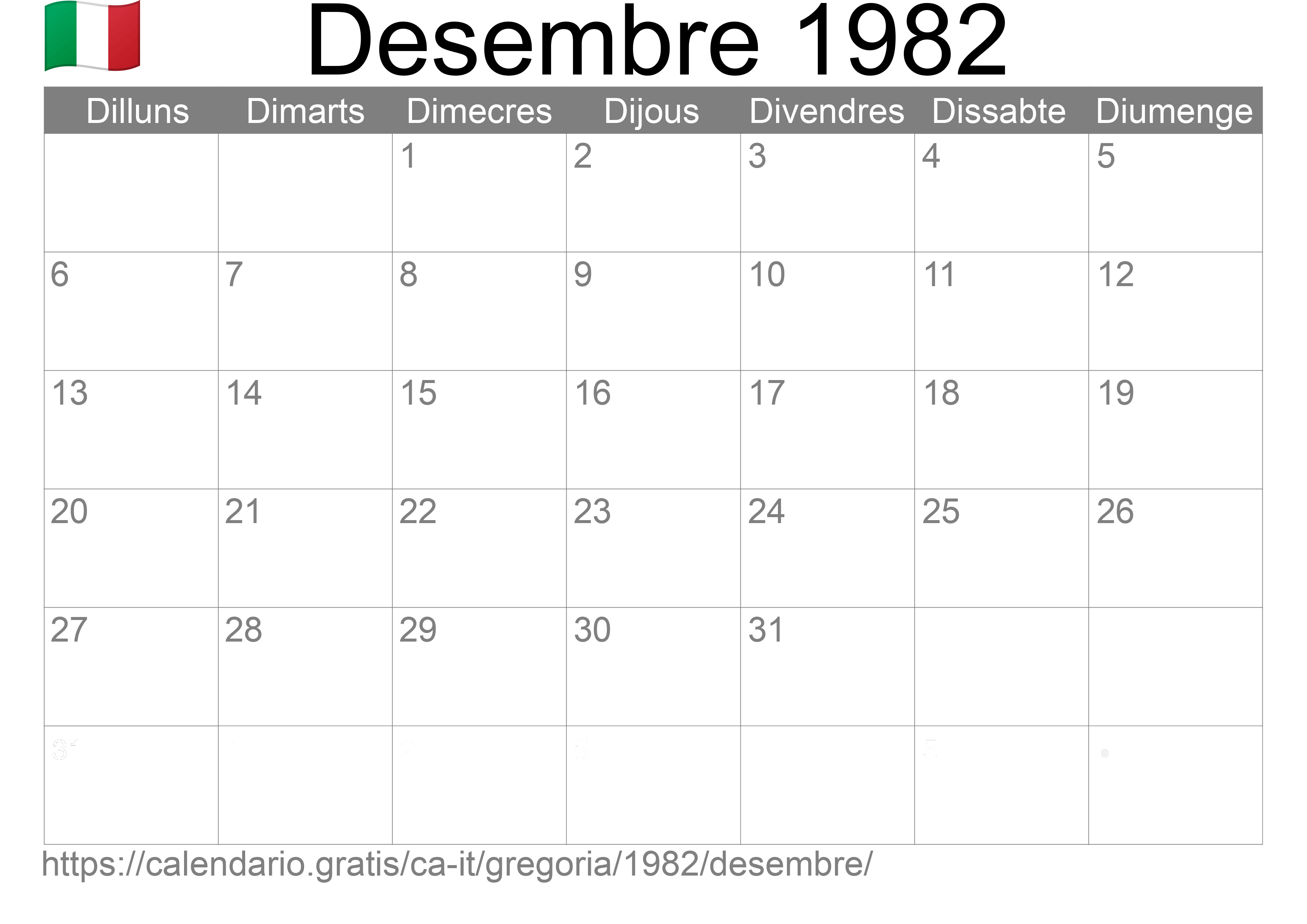 Calendari Desembre 1982 per imprimir