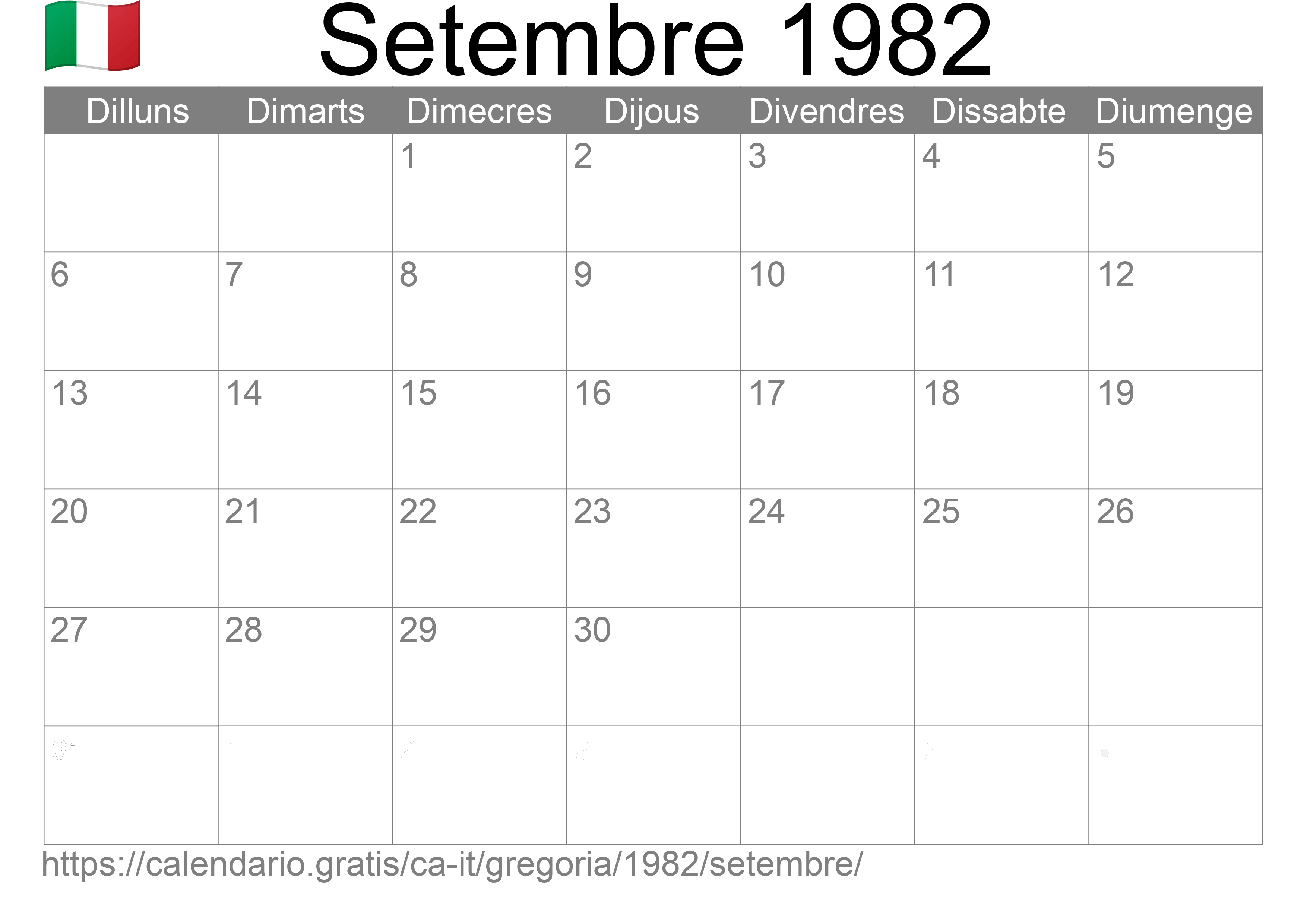 Calendari Setembre 1982 per imprimir