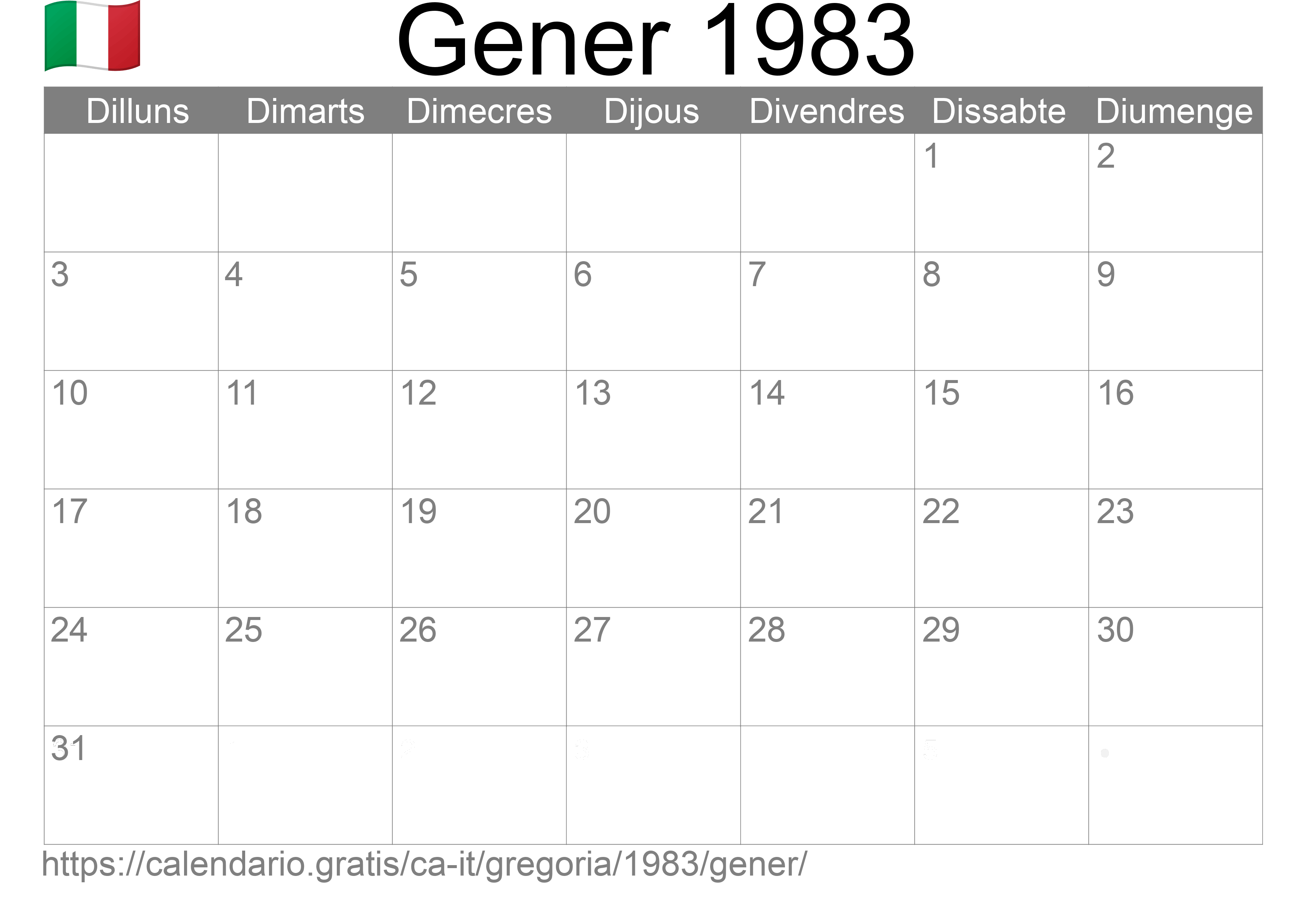 Calendari Gener 1983 per imprimir