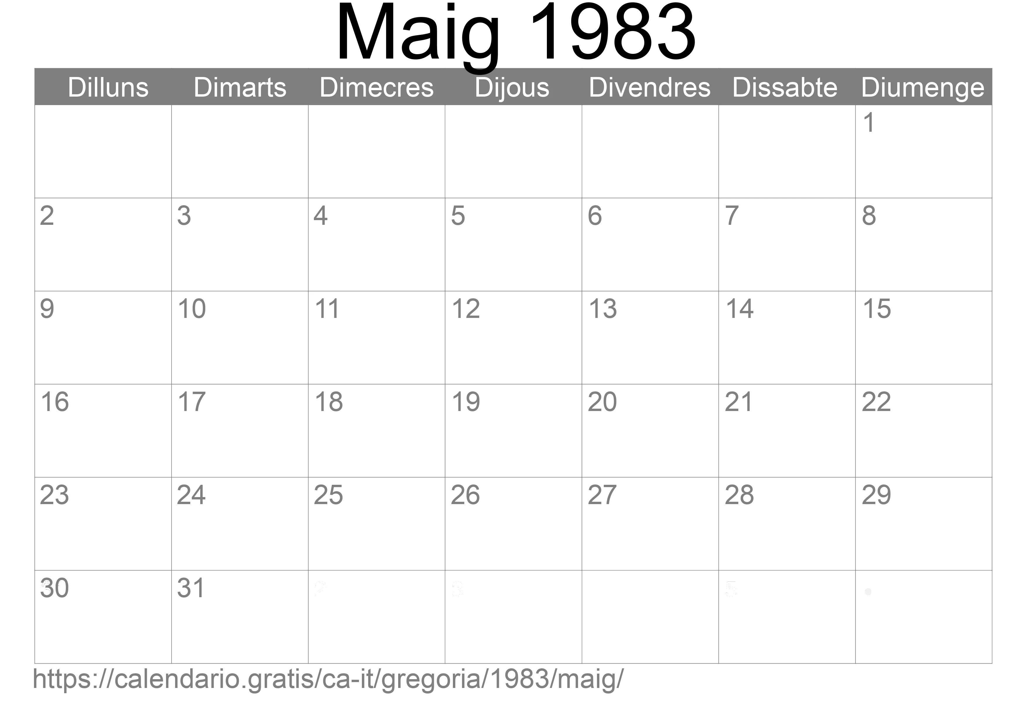 Calendari Maig 1983 per imprimir (Itàlia)