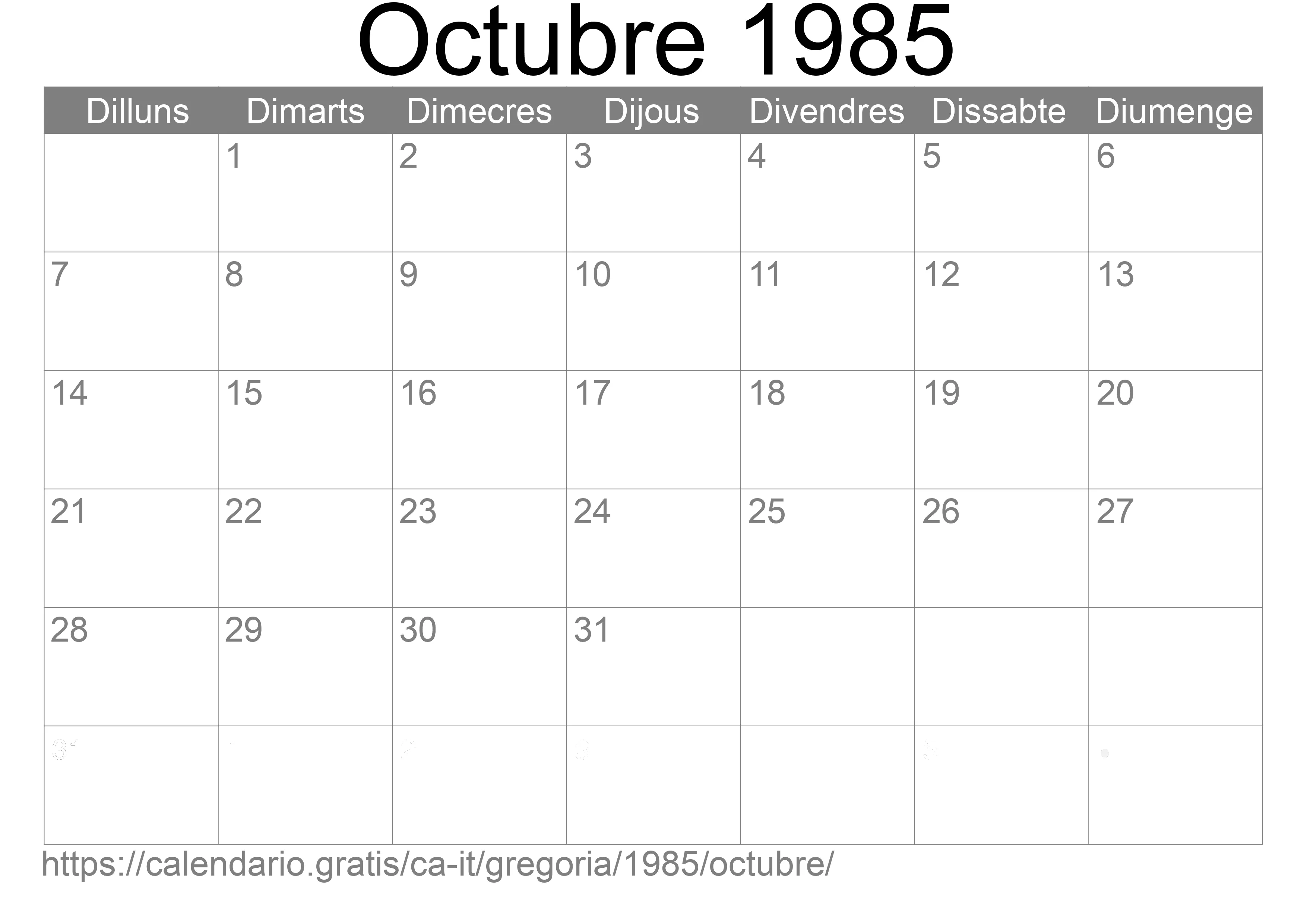 Calendari Octubre 1985 per imprimir (Itàlia)