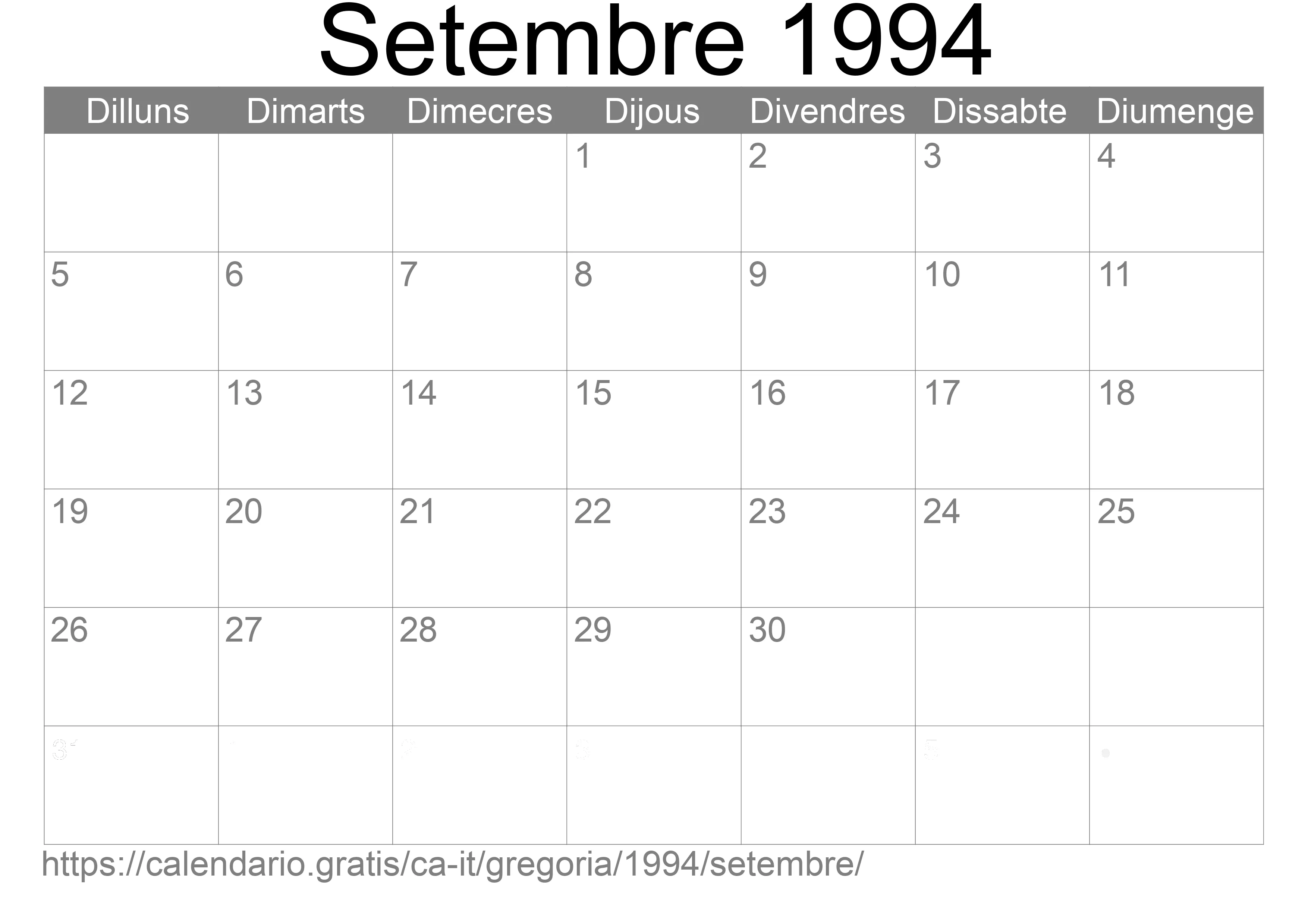 Calendari Setembre 1994 per imprimir (Itàlia)