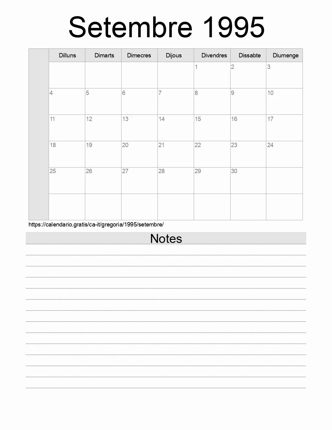 Calendari de Setembre 1995 per imprimir amb notes. (Itàlia)