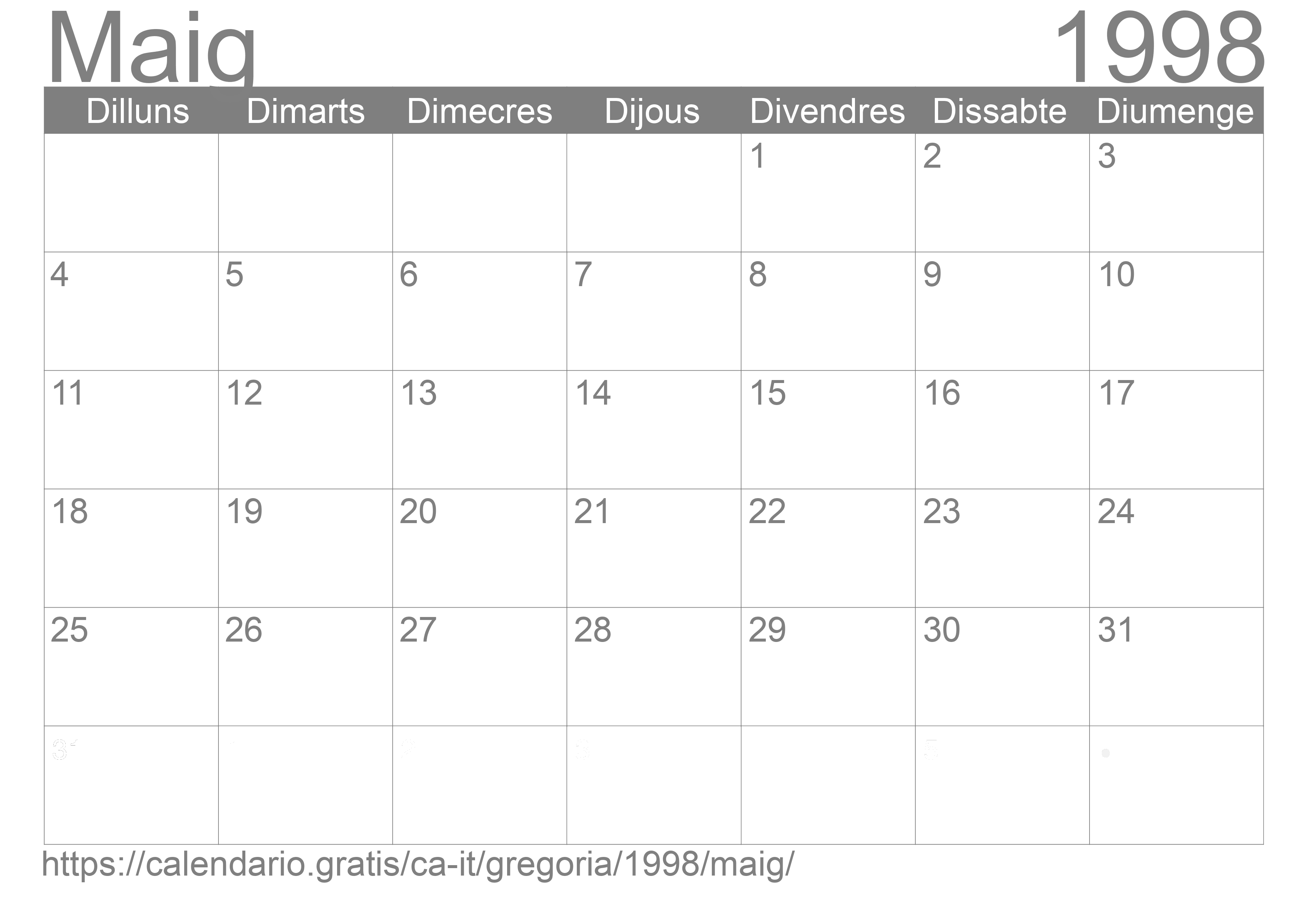 Calendari Maig 1998 per imprimir