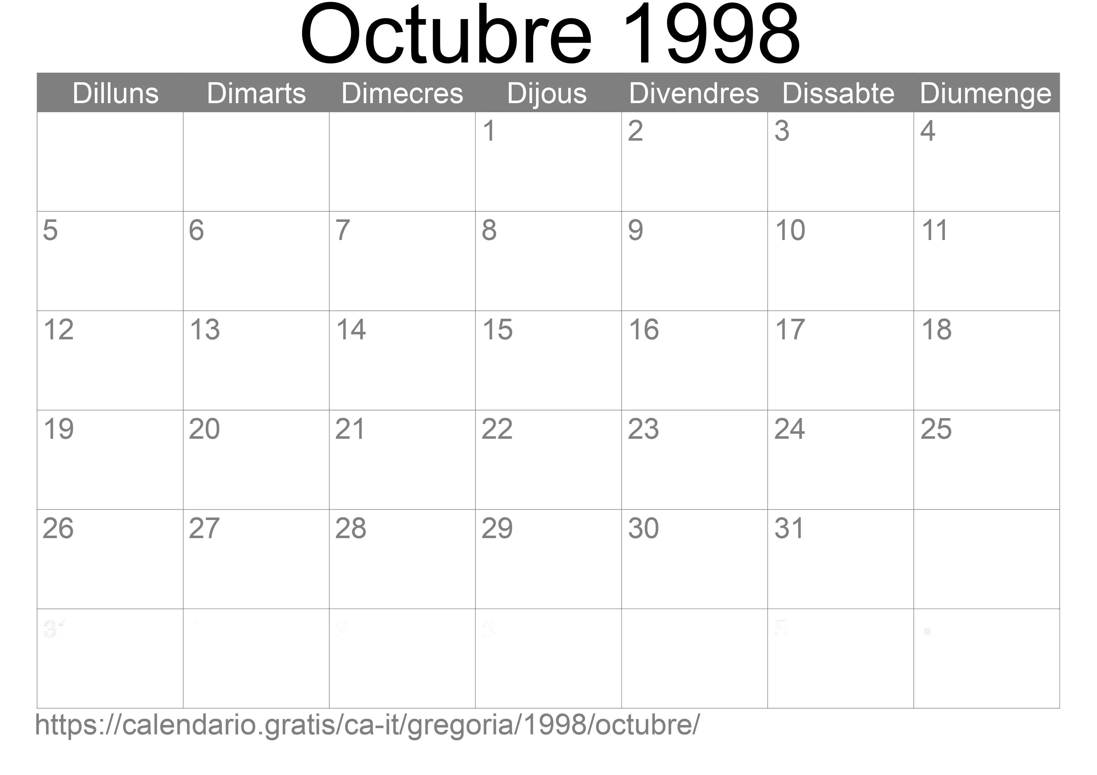 Calendari Octubre 1998 per imprimir (Itàlia)