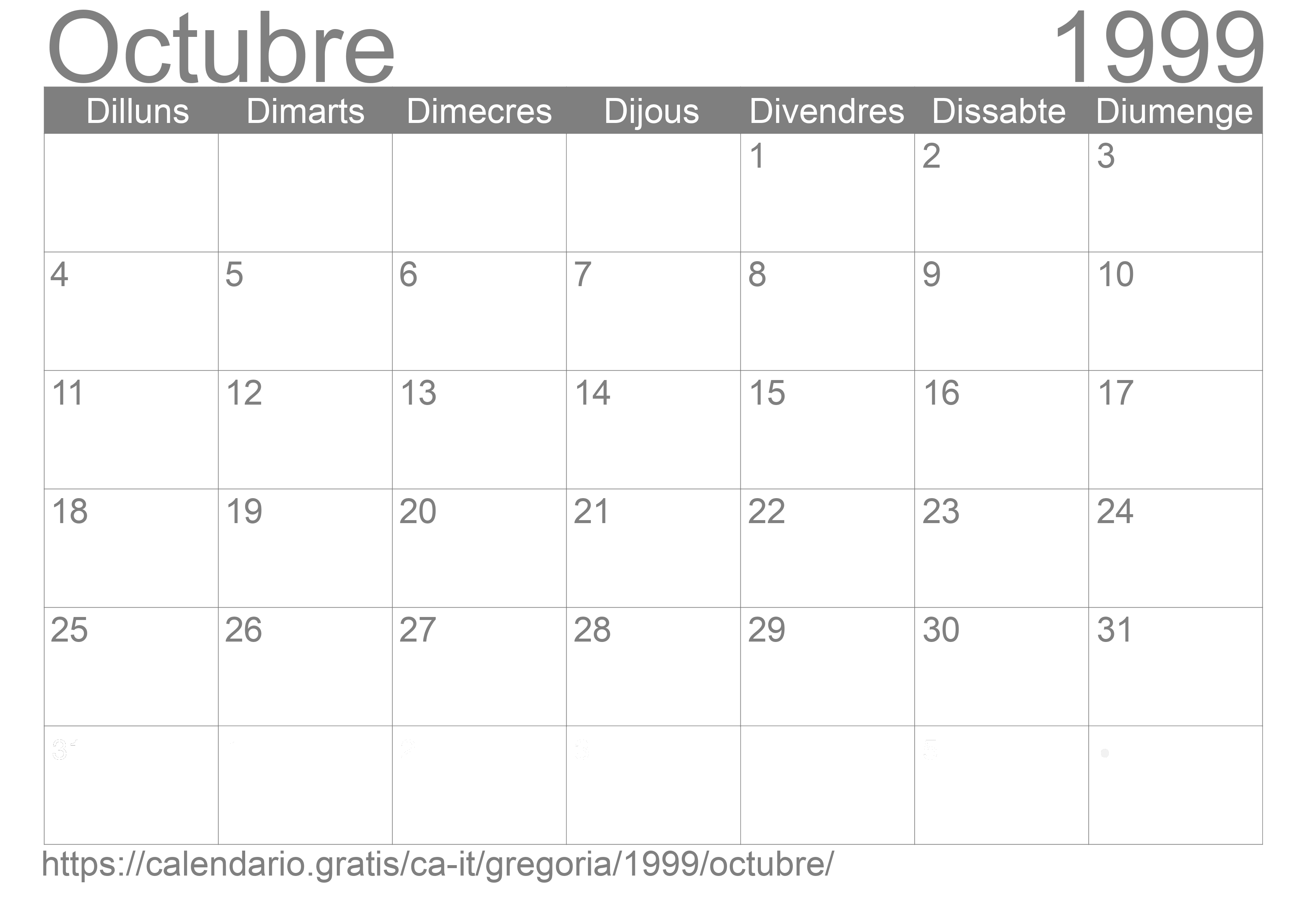 Calendari Octubre 1999 per imprimir