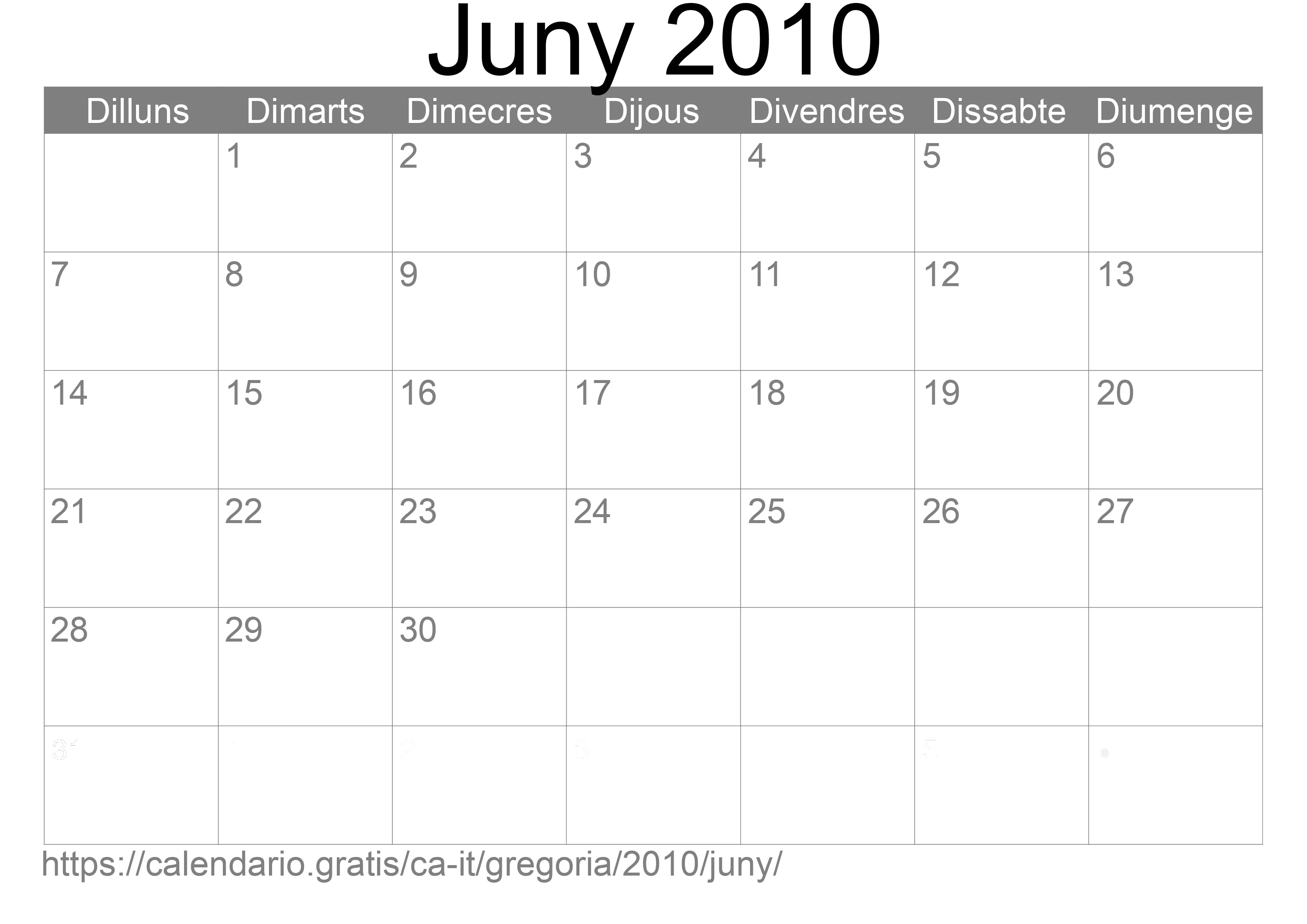 Calendari Juny 2010 per imprimir (Itàlia)