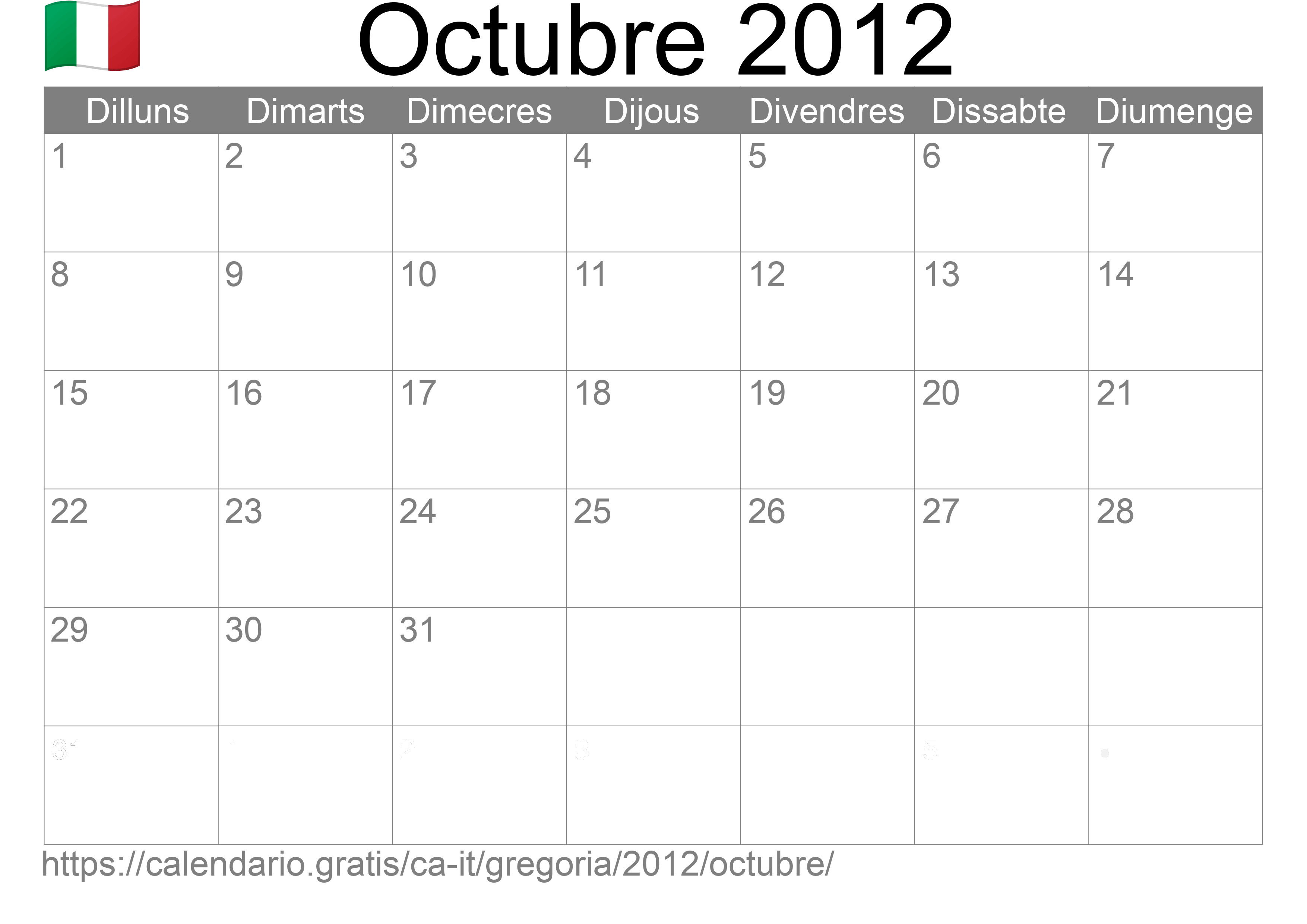 Calendari Octubre 2012 per imprimir