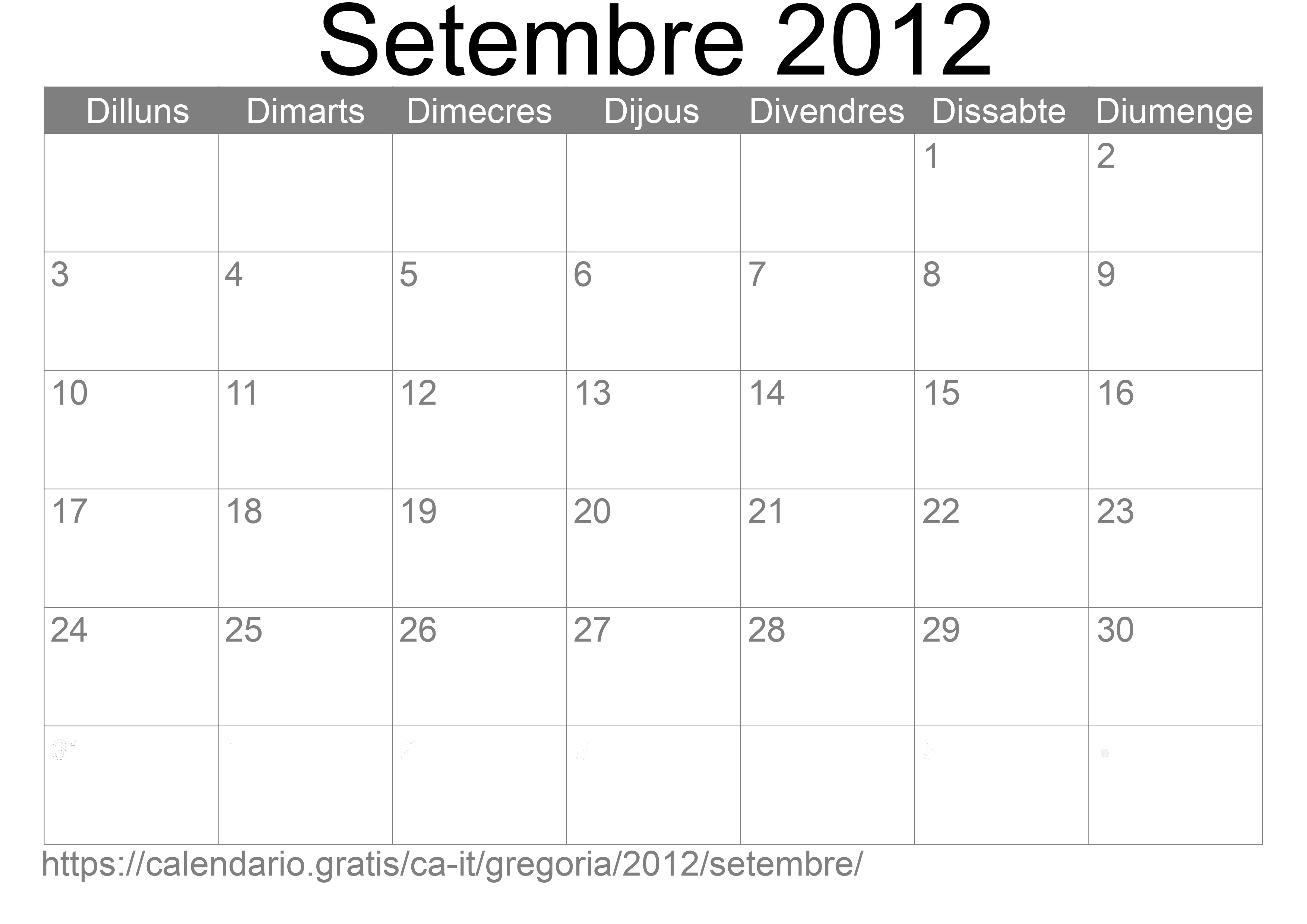 Calendari Setembre 2012 per imprimir (Itàlia)