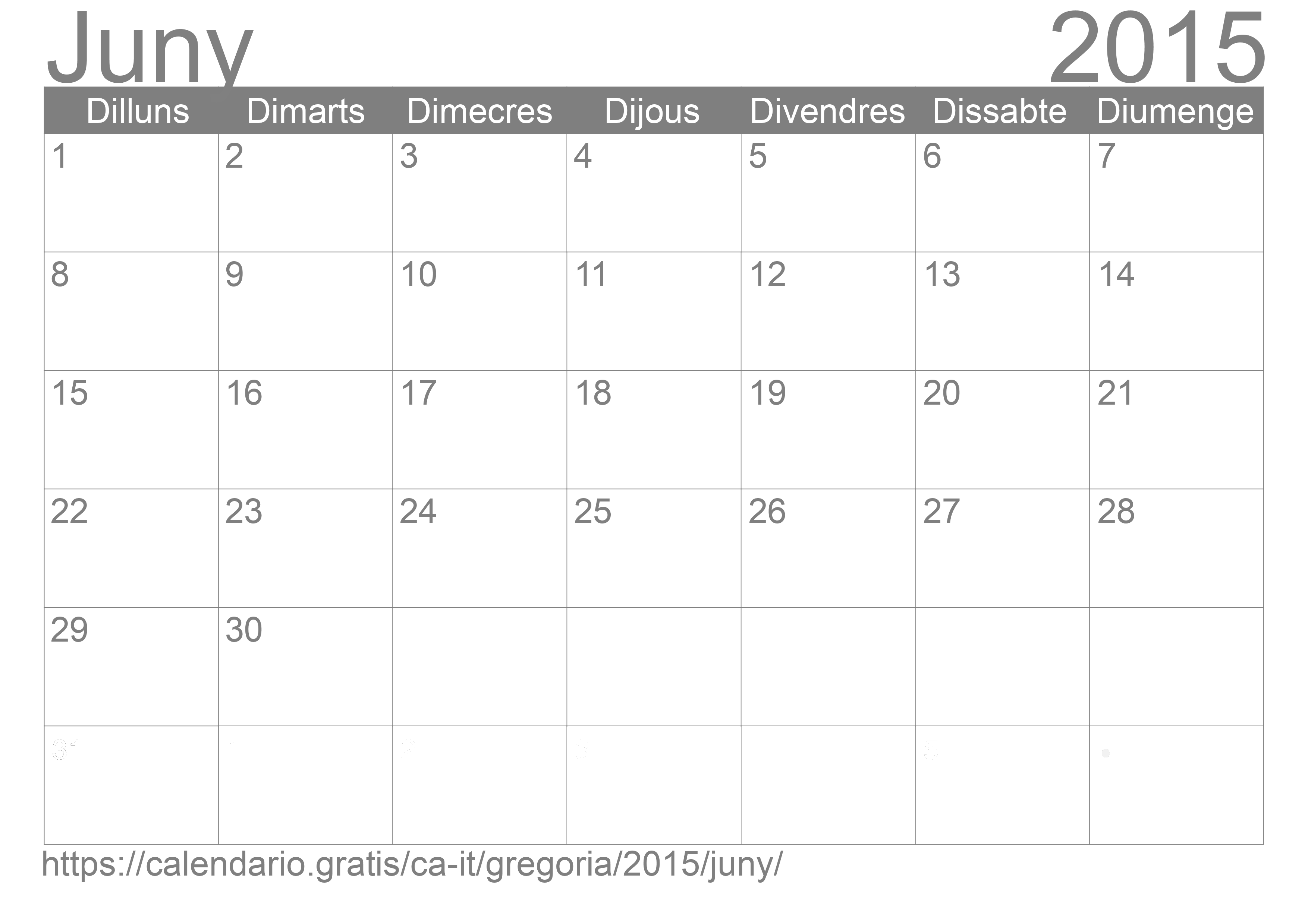 Calendari Juny 2015 per imprimir