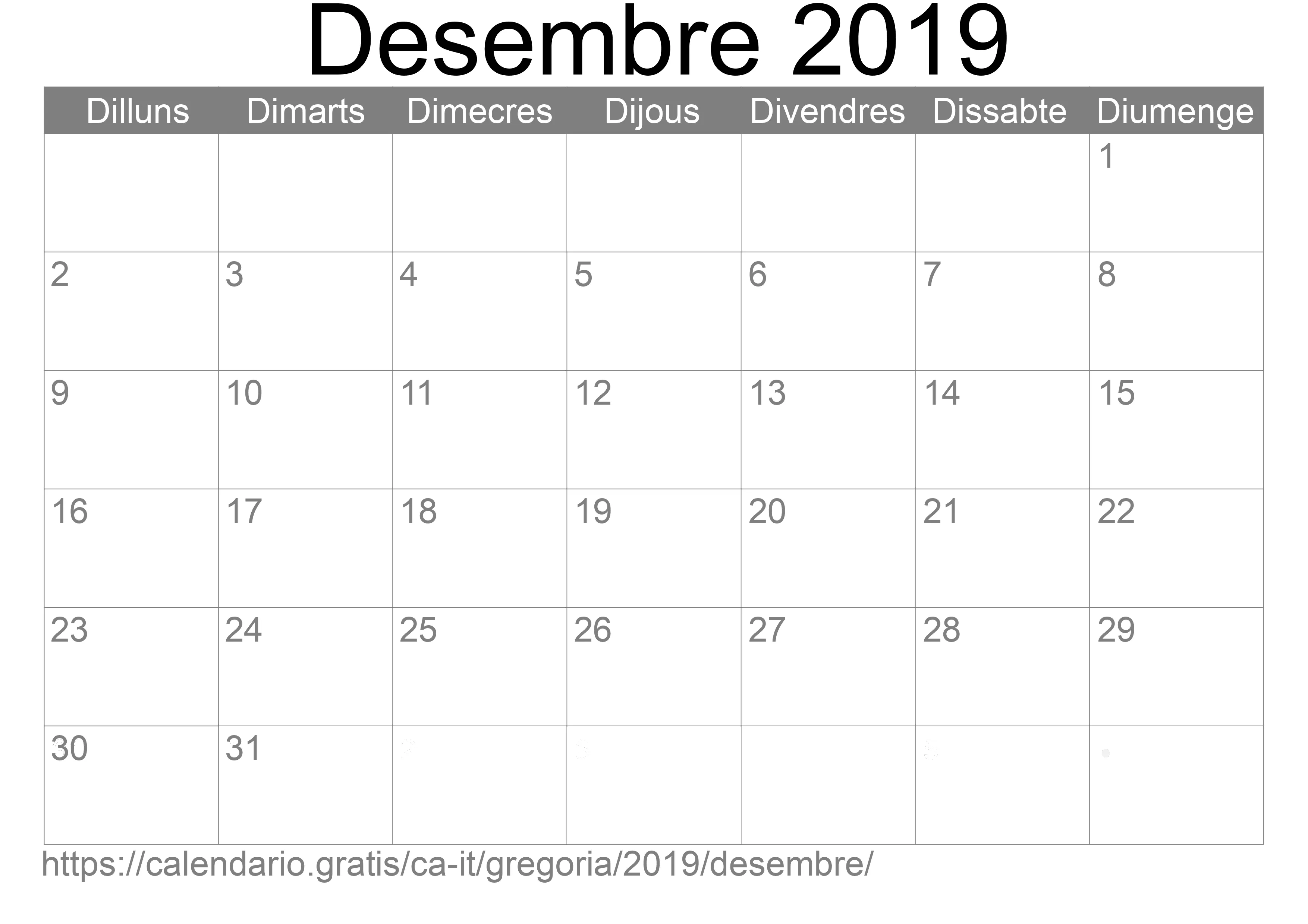 Calendari Desembre 2019 per imprimir (Itàlia)