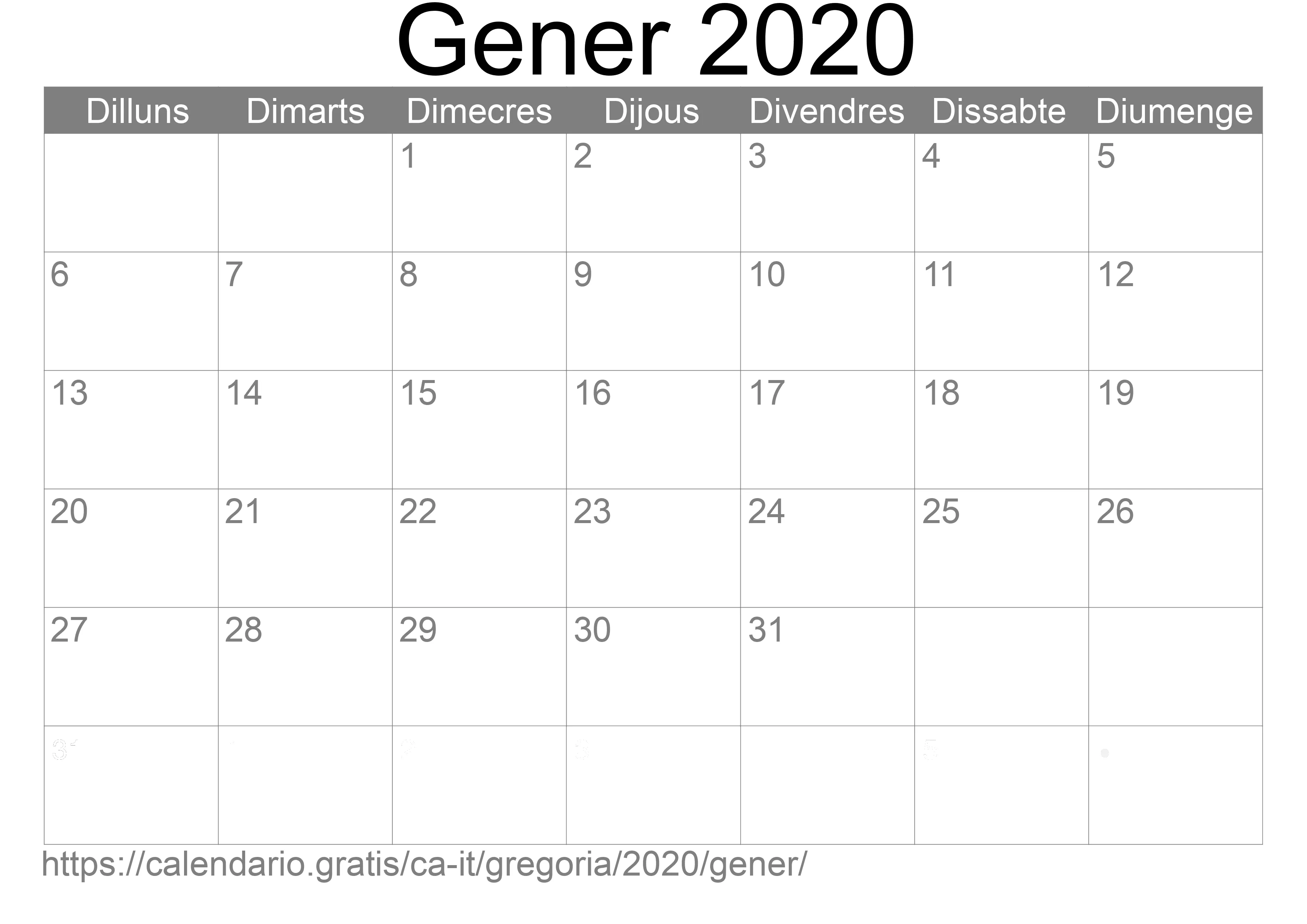 Calendari Gener 2020 per imprimir (Itàlia)