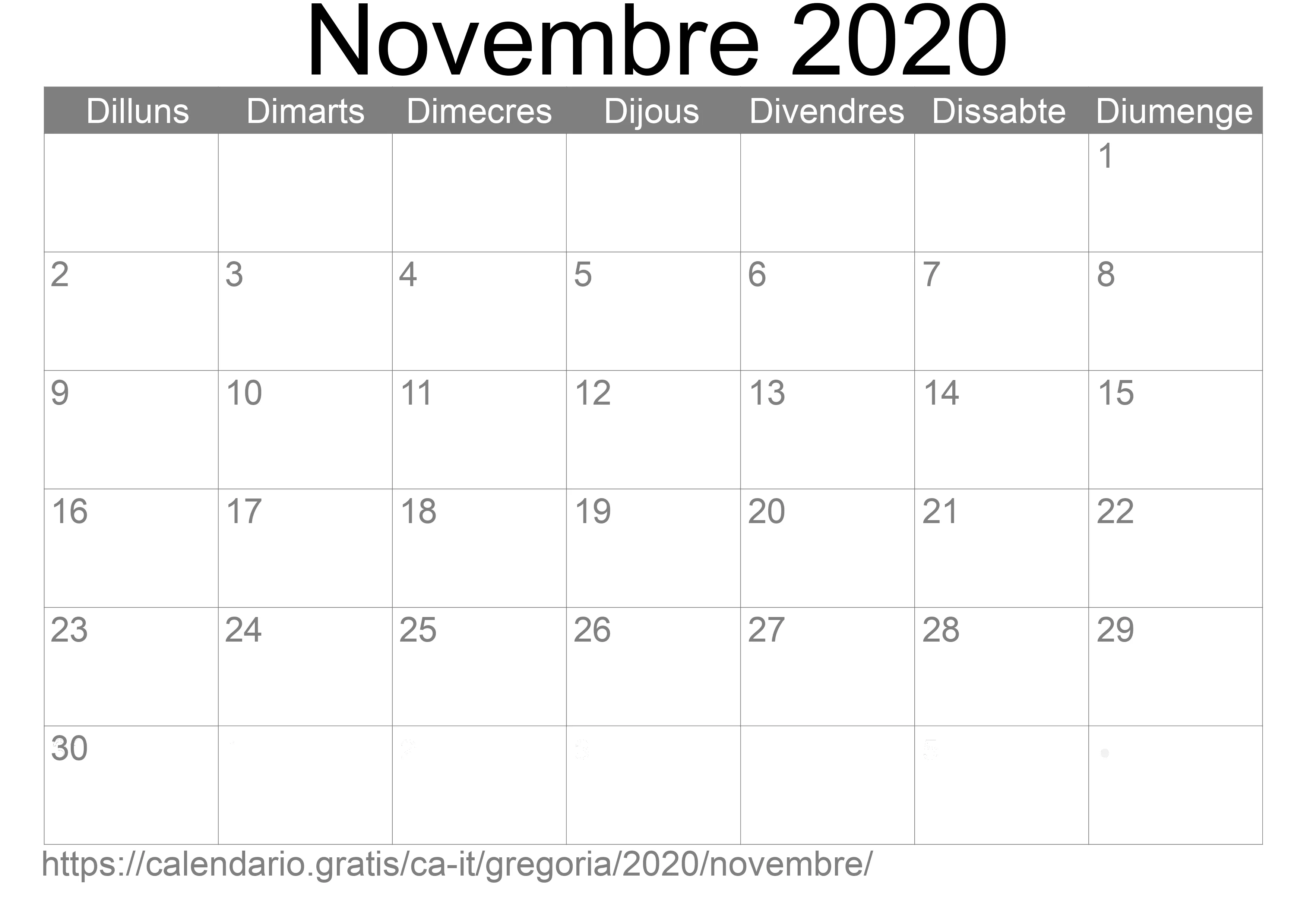 Calendari Novembre 2020 per imprimir (Itàlia)