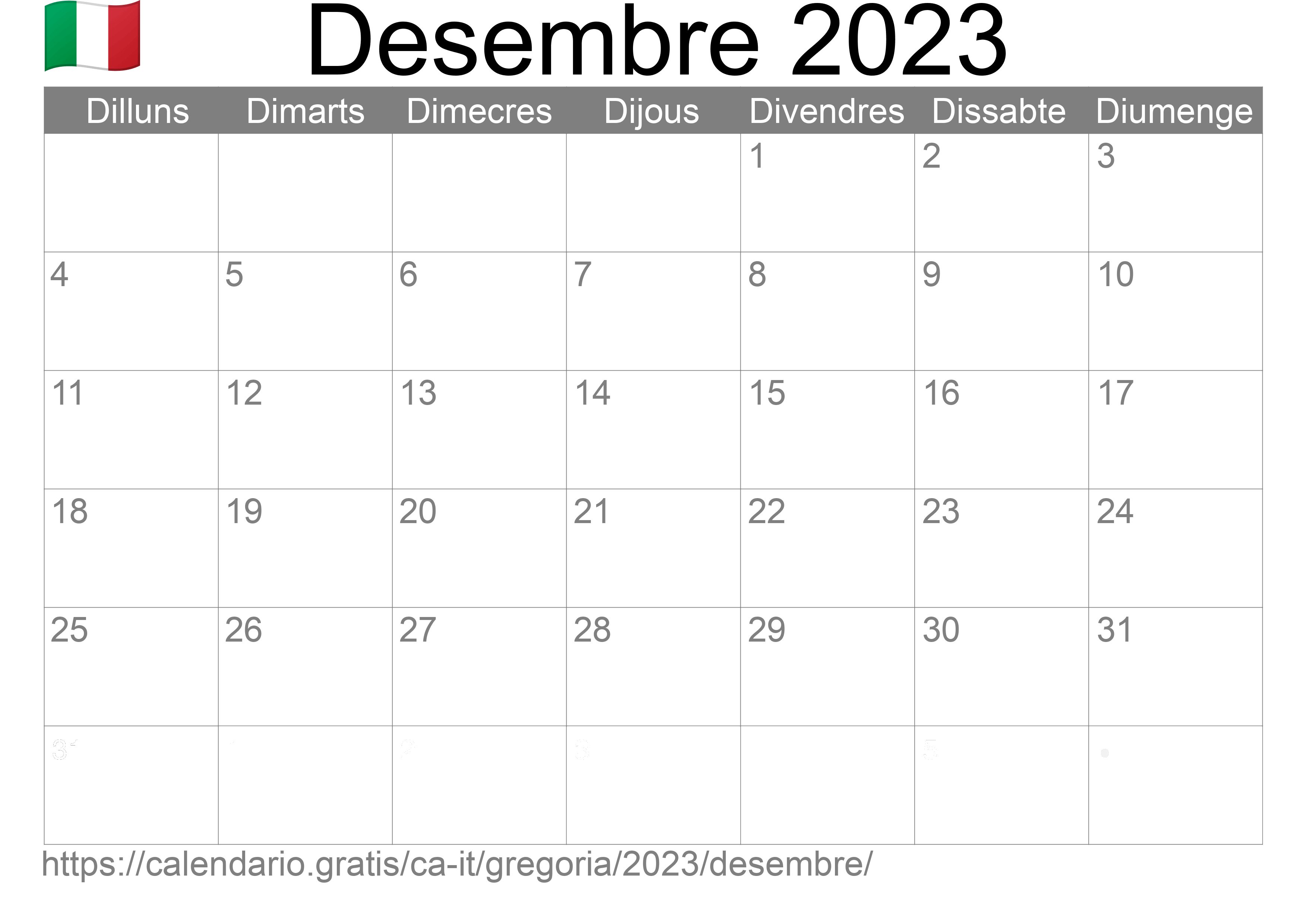 Calendari Desembre 2023 per imprimir