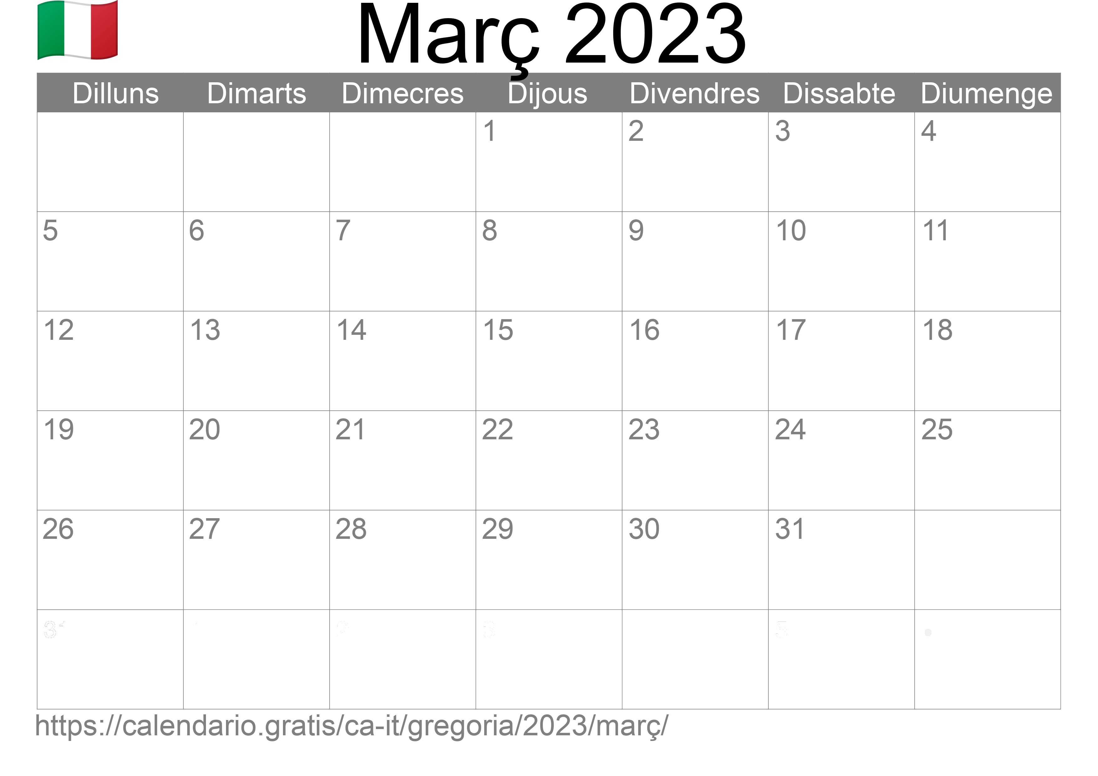 Calendari Març 2023 per imprimir