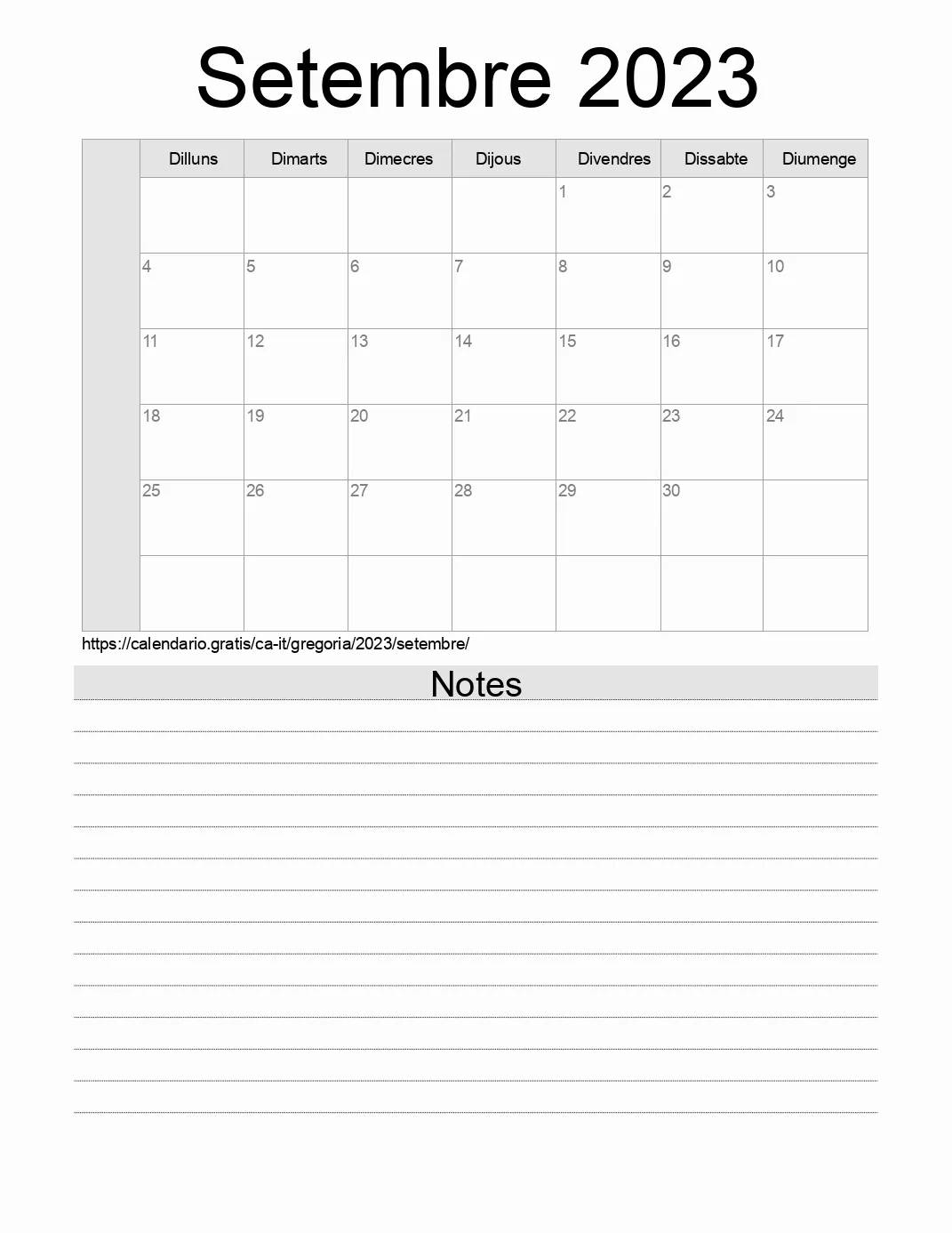 Calendari de Setembre 2023 per imprimir amb notes. (Itàlia)