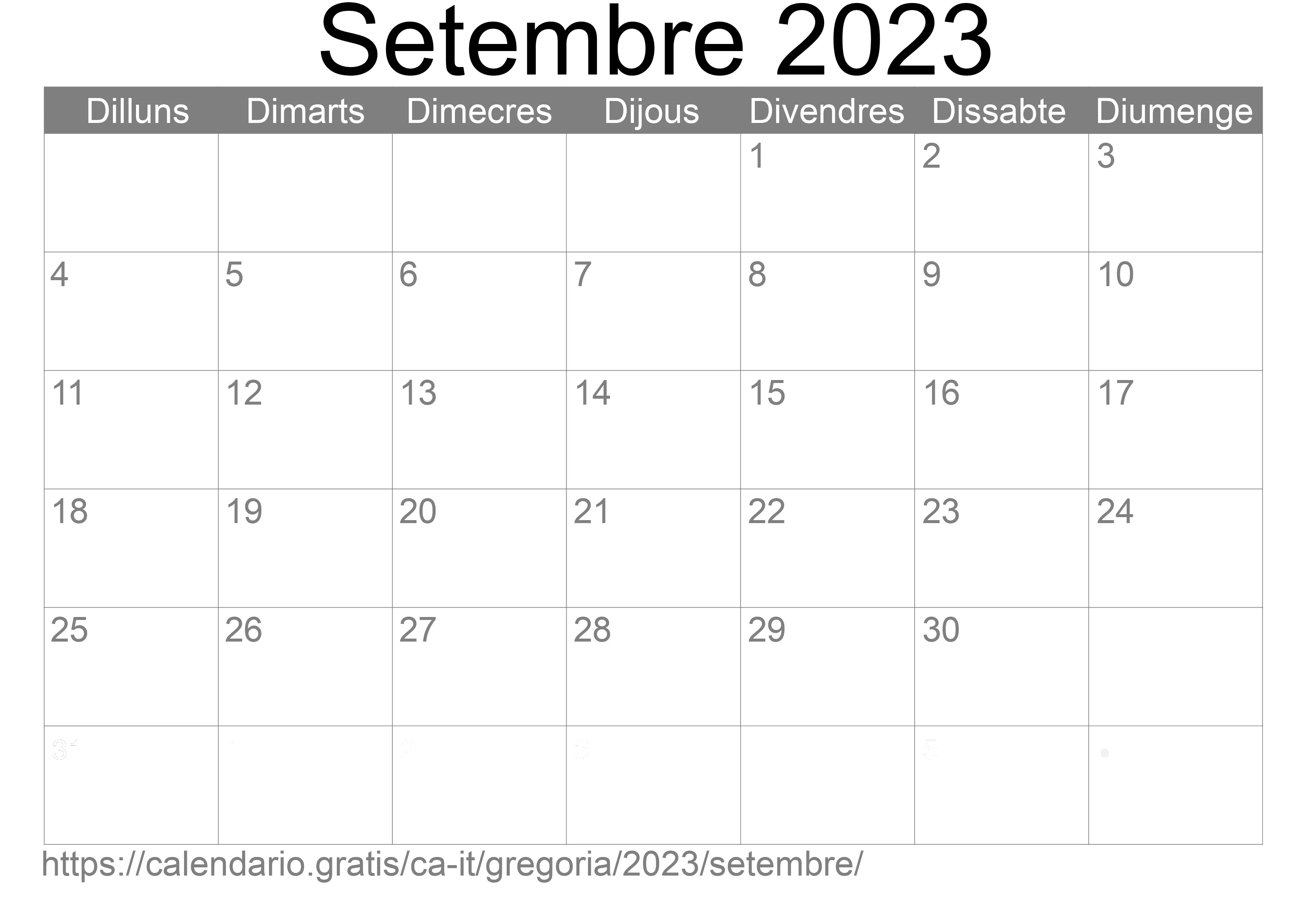 Calendari Setembre 2023 per imprimir (Itàlia)