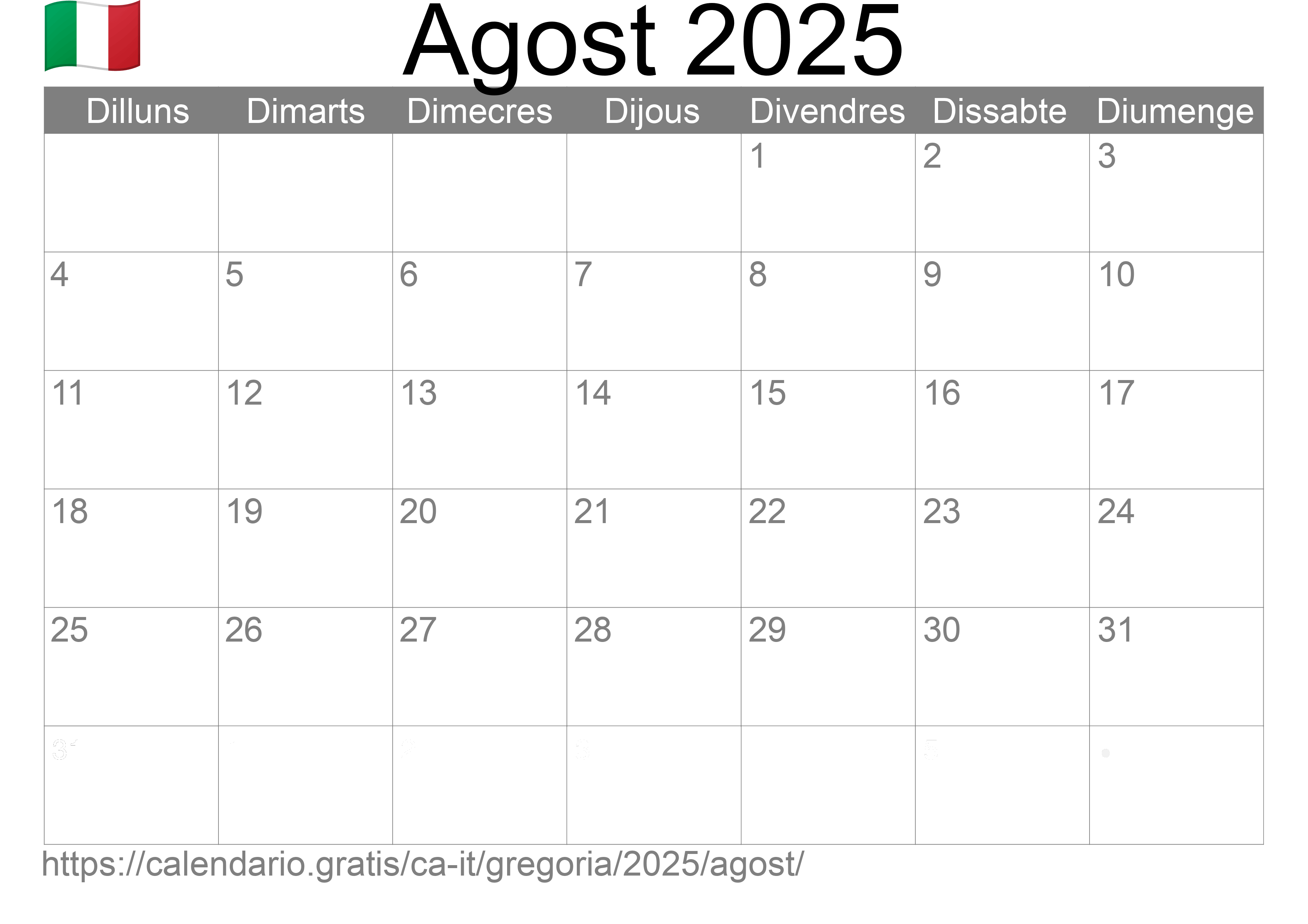 Calendari Agost 2025 per imprimir