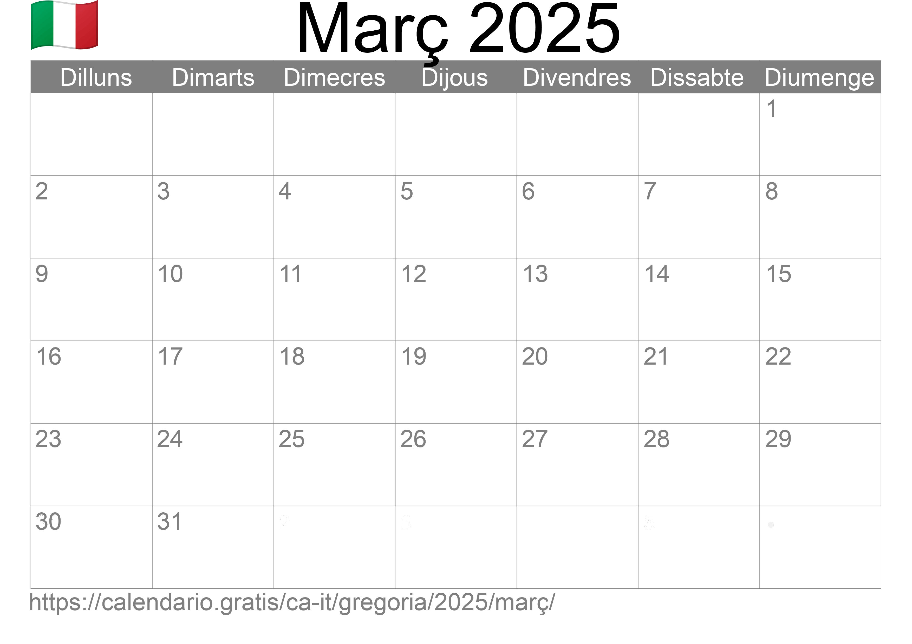 Calendari Març 2025 per imprimir