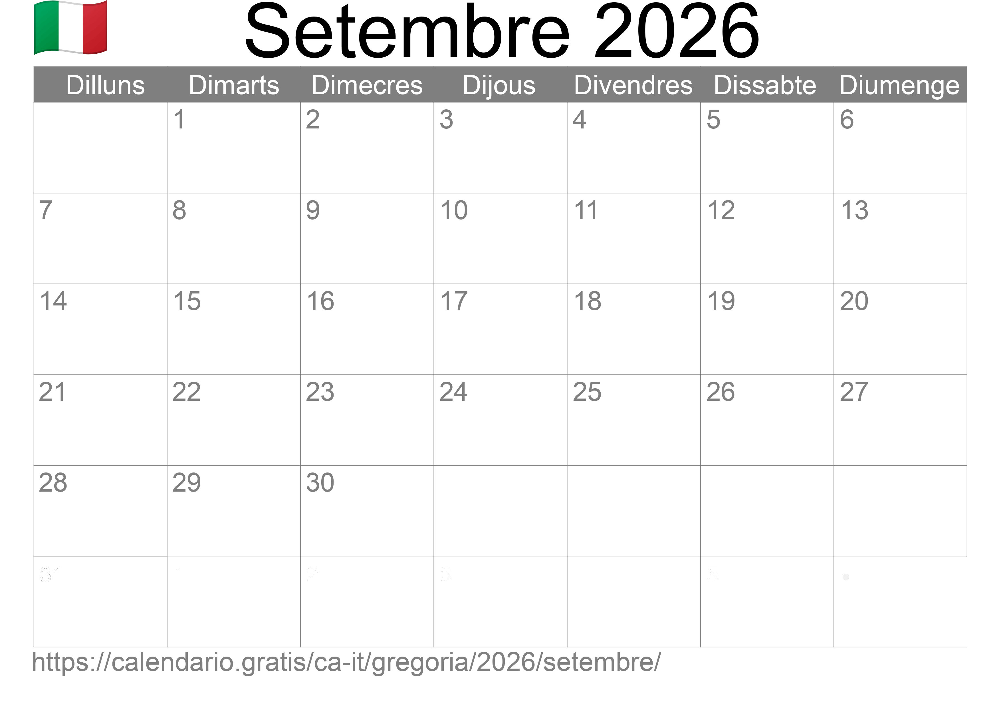 Calendari Setembre 2026 per imprimir