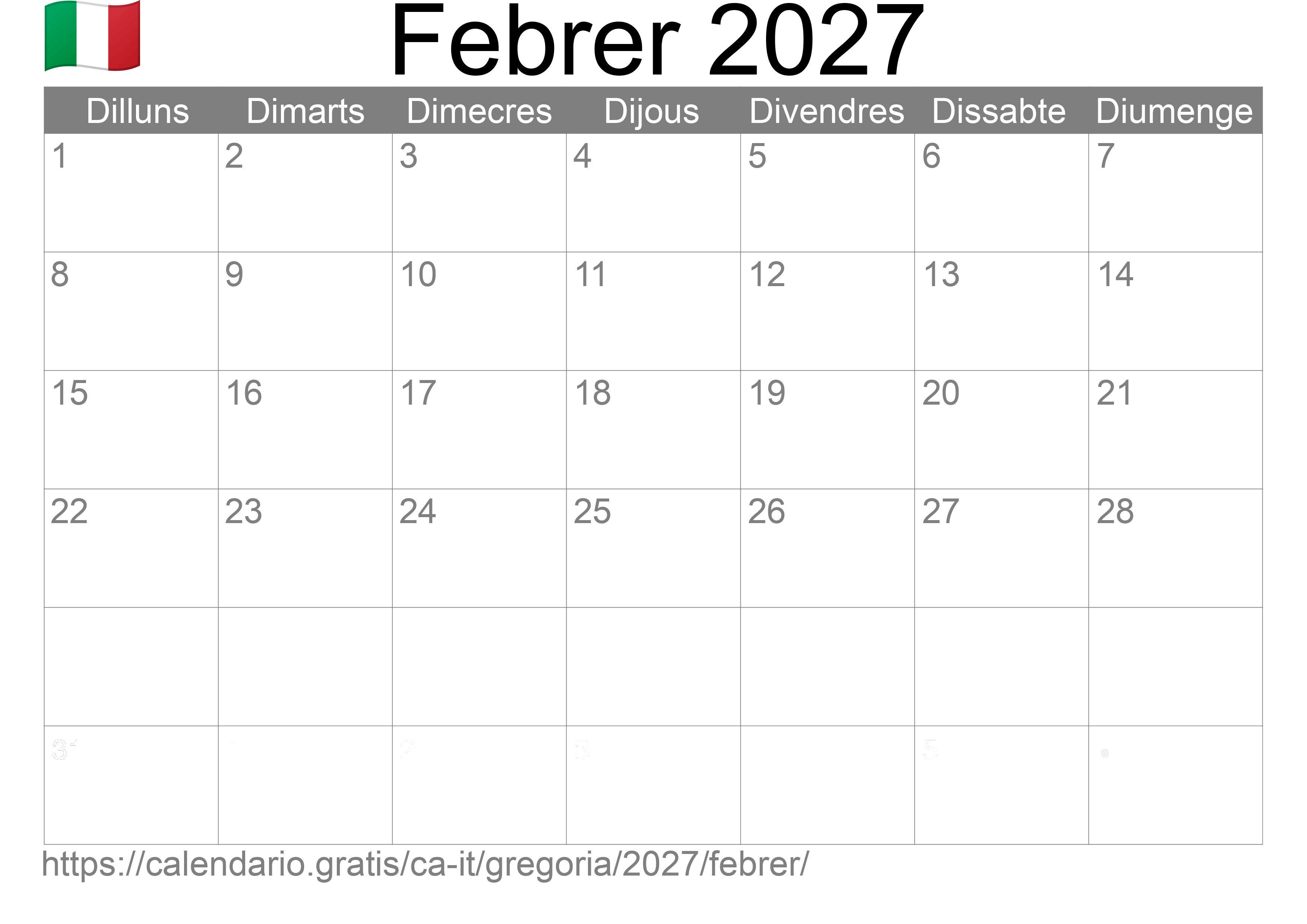 Calendari Febrer 2027 per imprimir