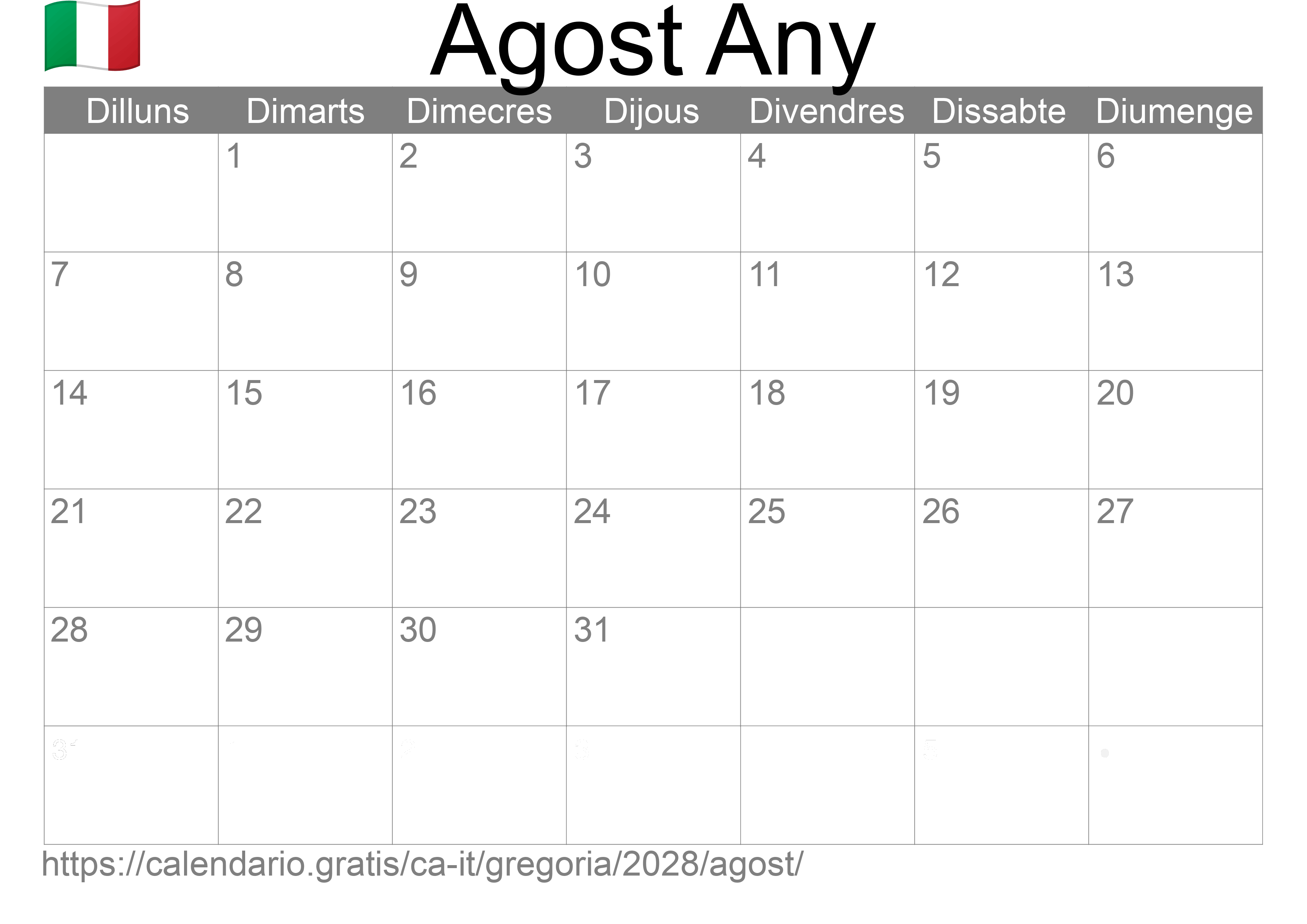 Calendari Agost 2028 per imprimir