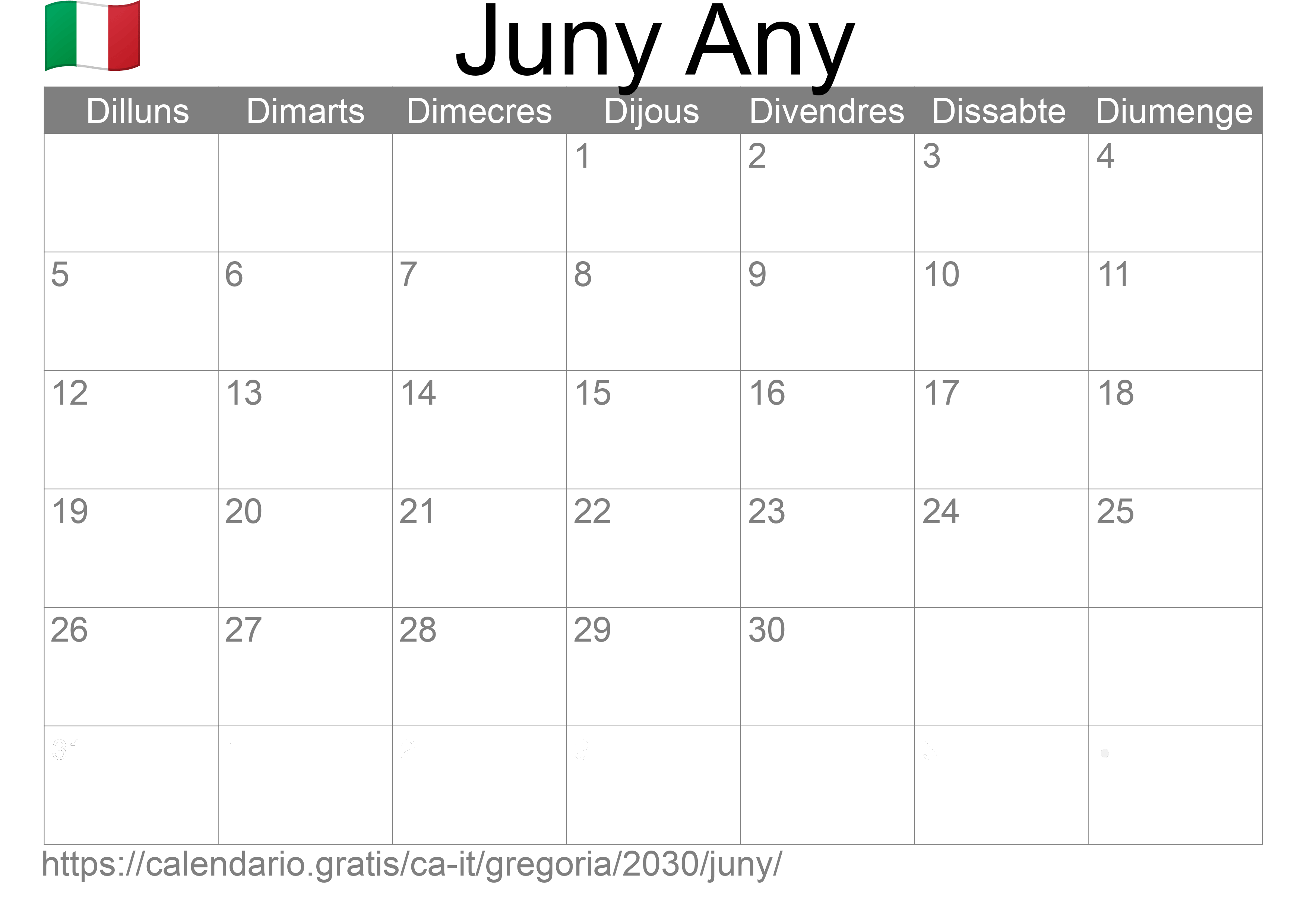 Calendari Juny 2030 per imprimir