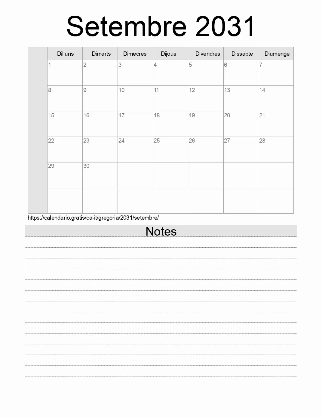Calendari de Setembre 2031 per imprimir amb notes. (Itàlia)